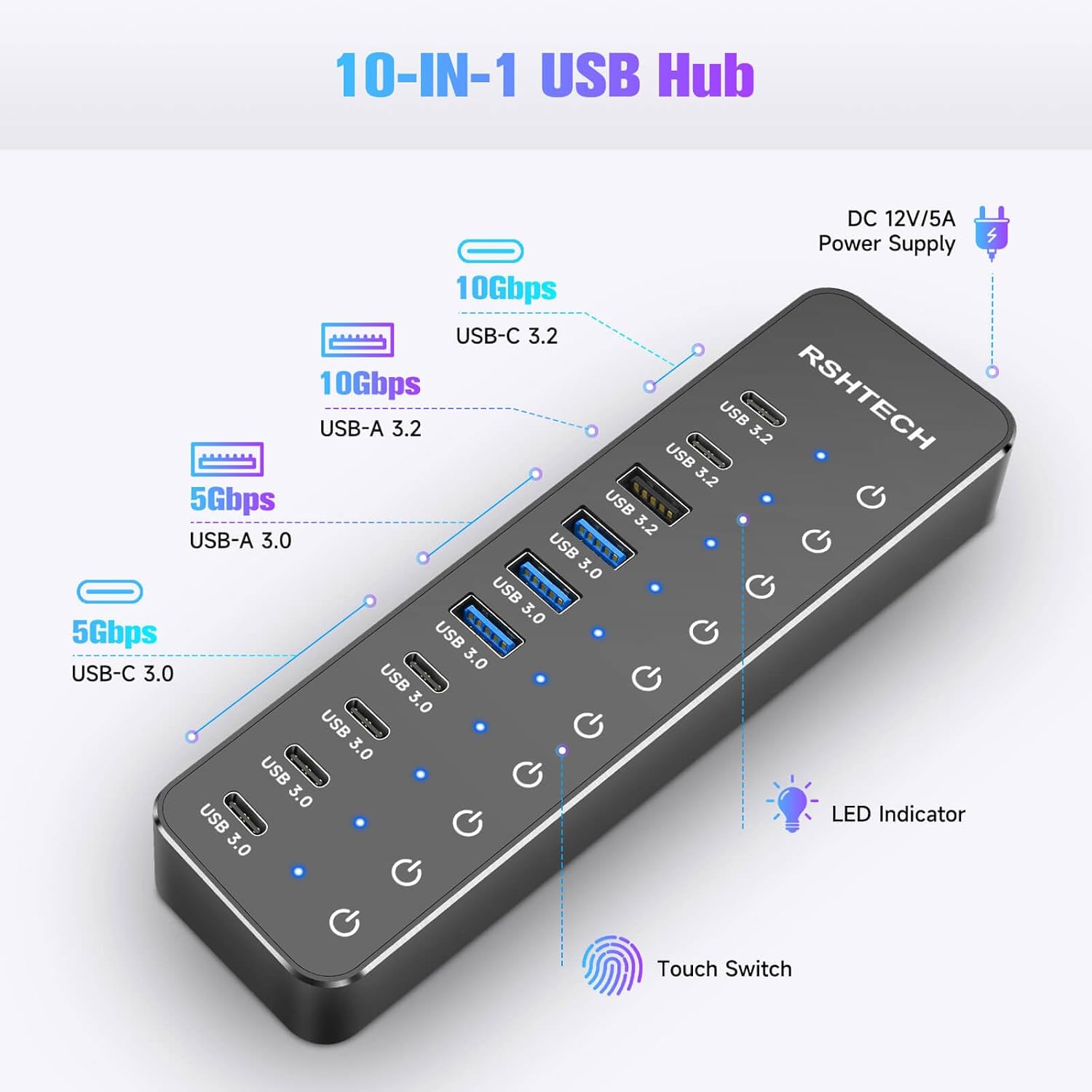 Thumbnail 1 de RSHTECH 10‑Port USB C/3.2 Hub 60W