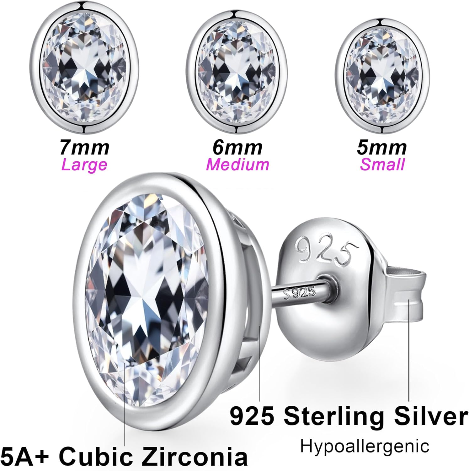 Detalle de 18K Weißgold überzogen Silbers Ohrstecker mit Zirkonia (5–7 mm) – Herren & Damen