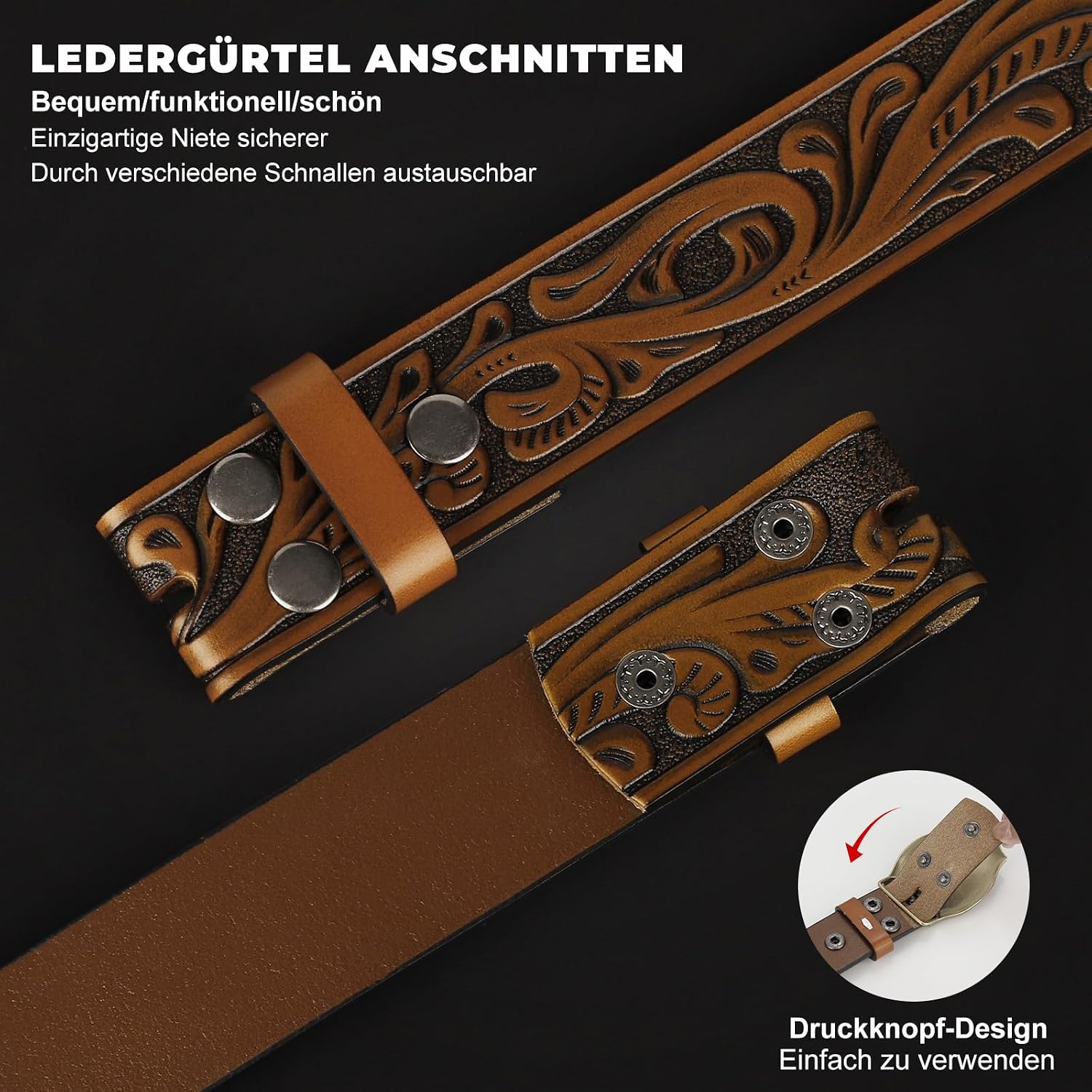 Detalle de BELTROAD Western Ledergürtel ohne Schließe für Jeans & Cowboystyle – verstellbarer Gürtel mit Austausch-System