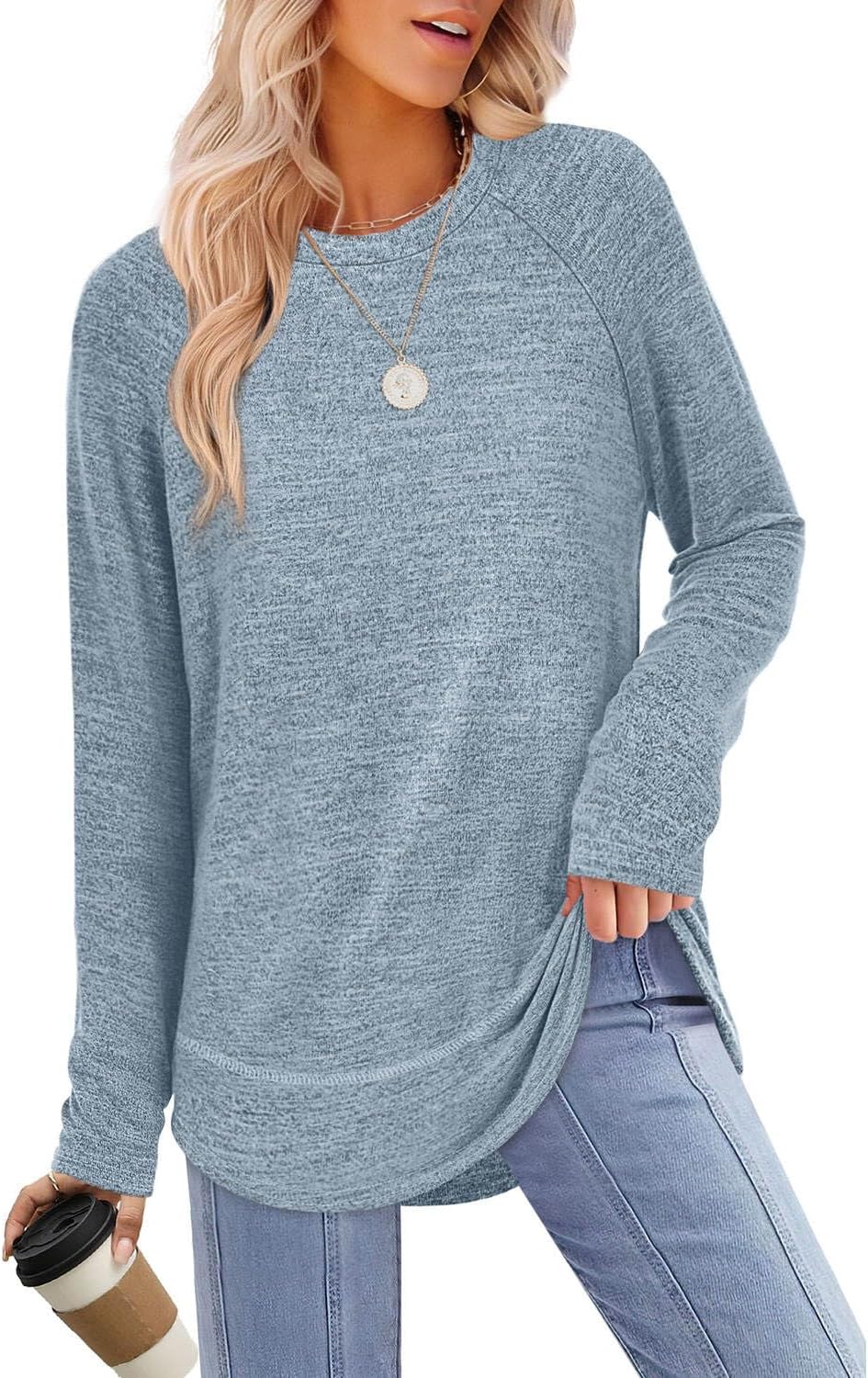 Detalle de Aokosor Ladies Long Sleeve Tunic Top with Curved Hem