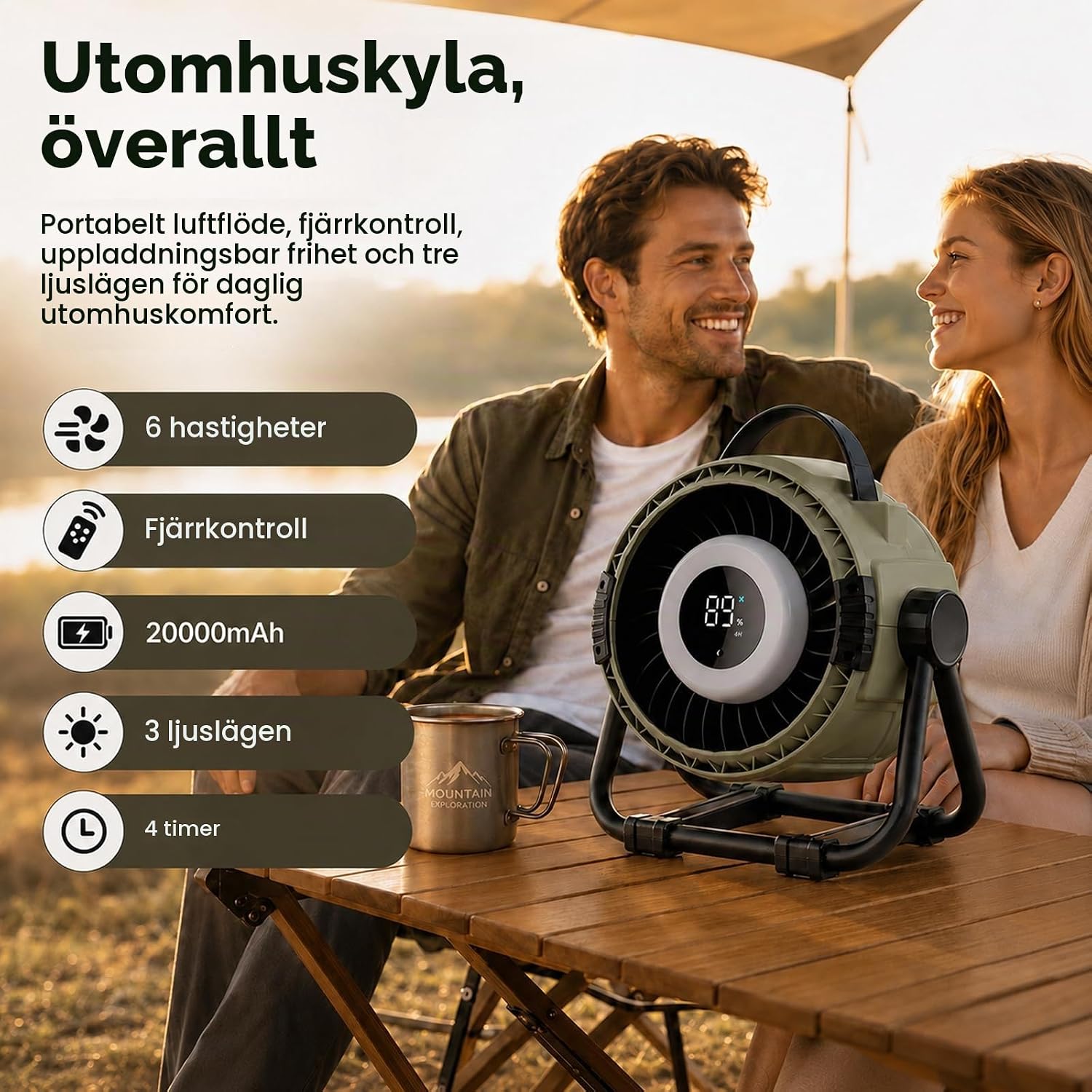 Detalle 2 de WHATOOK H10 uppladdningsbar bordsfläkt, 20 000 mAh, nattlampa och fjärrkontroll