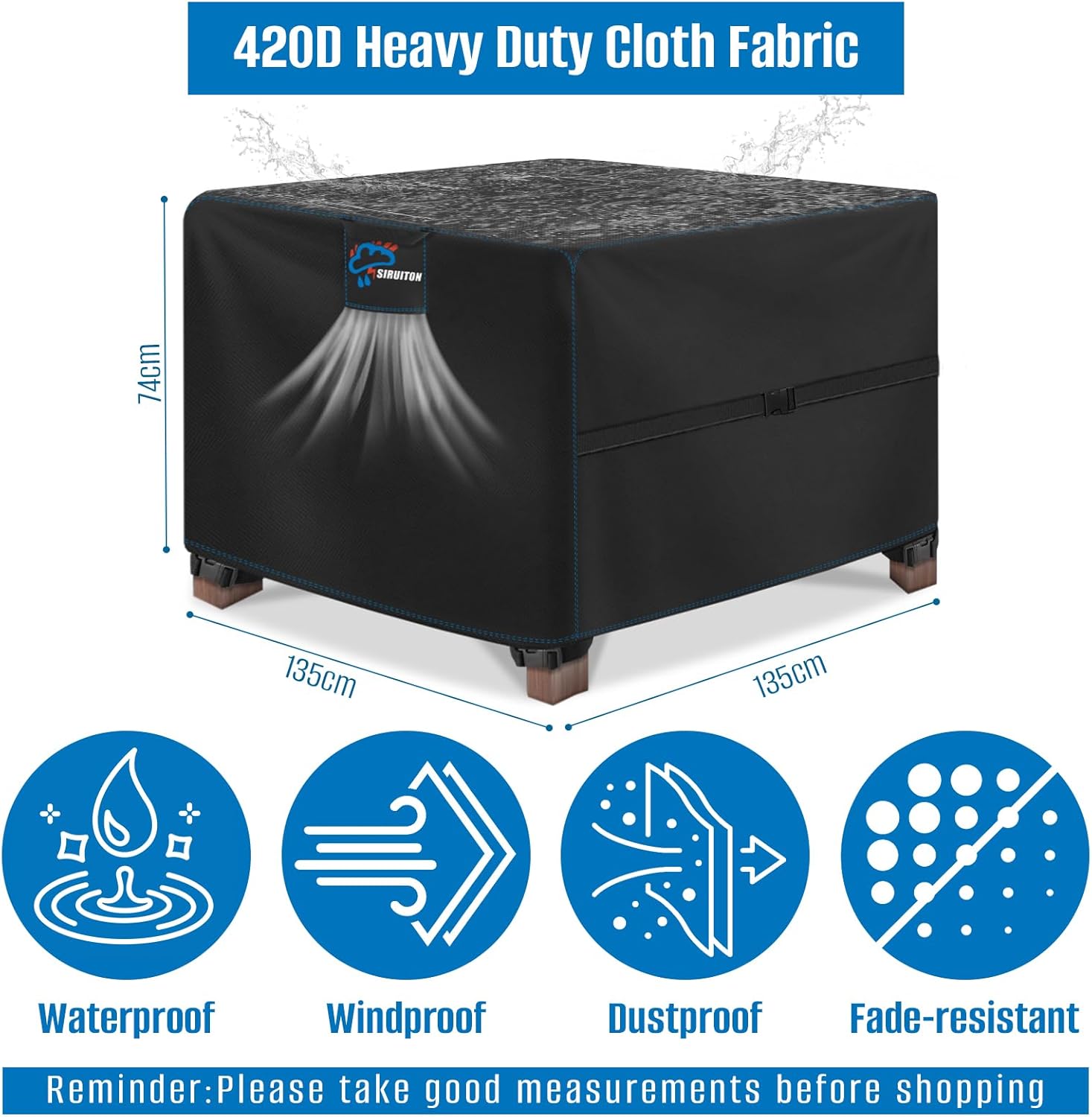 Thumbnail 1 de SIRUITON 135x135x74cm Cube Garden Furniture Cover – Heavy Duty 420D Oxford, Waterproof with Ventilation