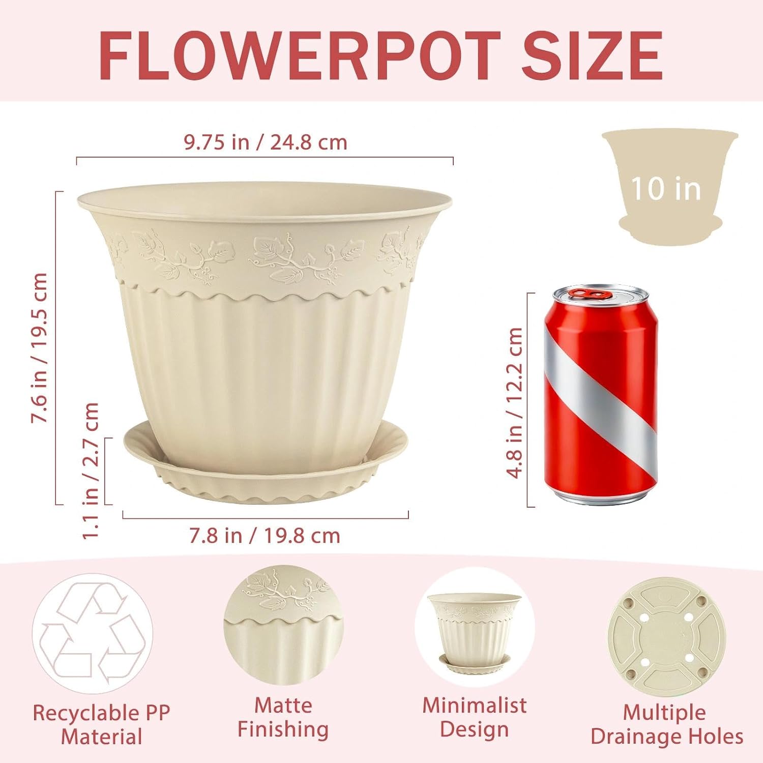 Detalle de ZMTECH 10-Inch Plant Pots, 6-Pack with Saucers, Ivory Cream