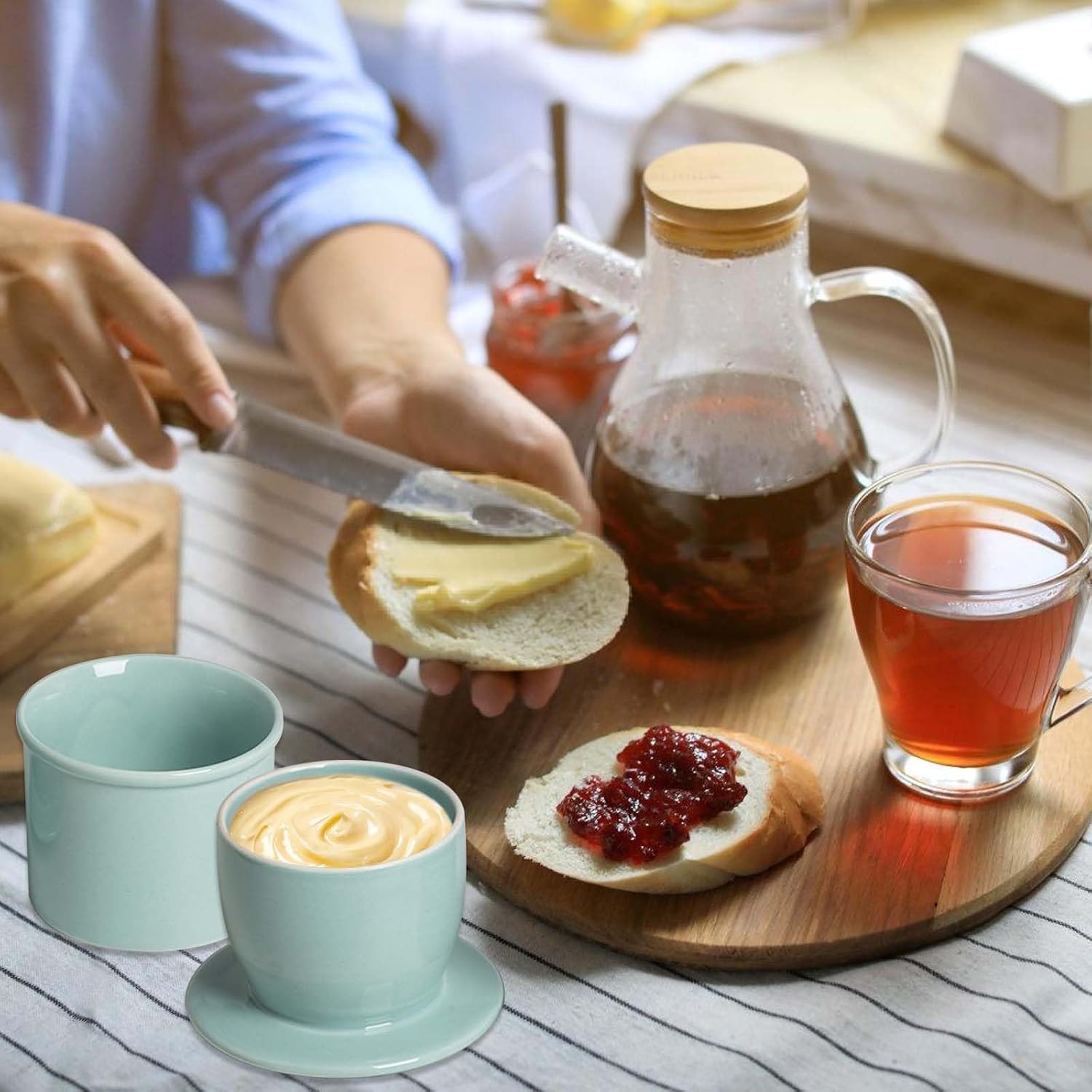 Detalle de BAIFULAI Französische Butterdose Franse botervloot van keramiek, lichtblauw