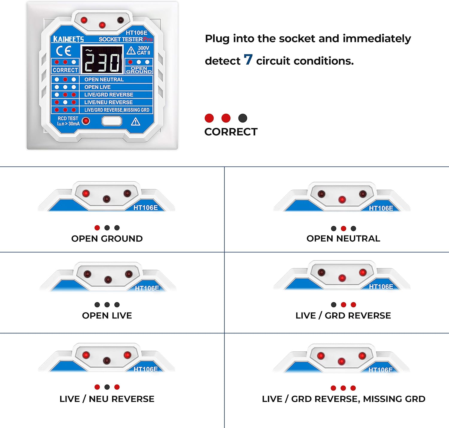 Detalle 2 de KAIWEETS HT106E socket tester 300V