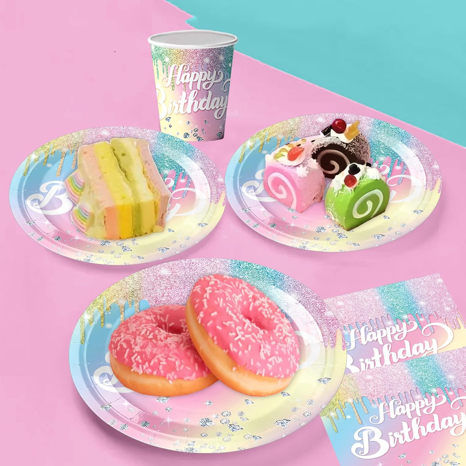 Detalle 2 de Regenbogen Partygeschirr Set 50 Teile đ