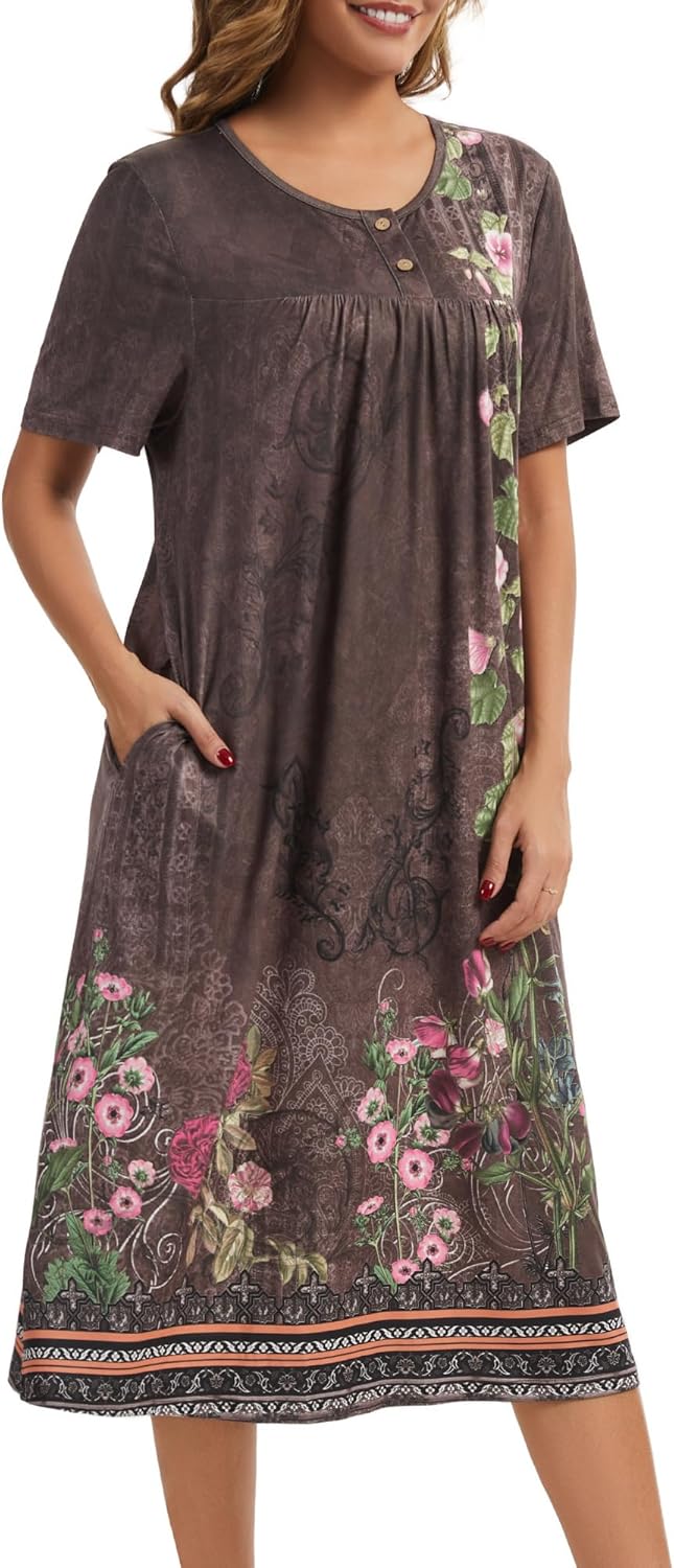 Detalle de Lerliacr Women's Floral Nightgown – Loose Fit Sleep Dress with Pockets