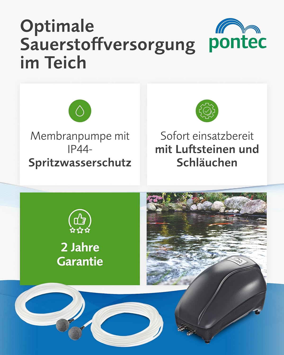 Detalle de Pontec PondoAir Set 450 – Komplettset zur Teichbelüftung, Sauerstoffversorgung, Blau