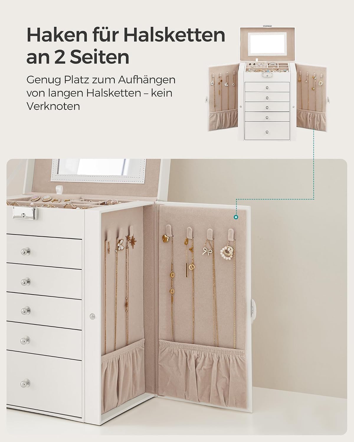 Detalle de SONGMICS Schmuckkästchen 6 Ebenen, 5 Schubladen, abschließbar