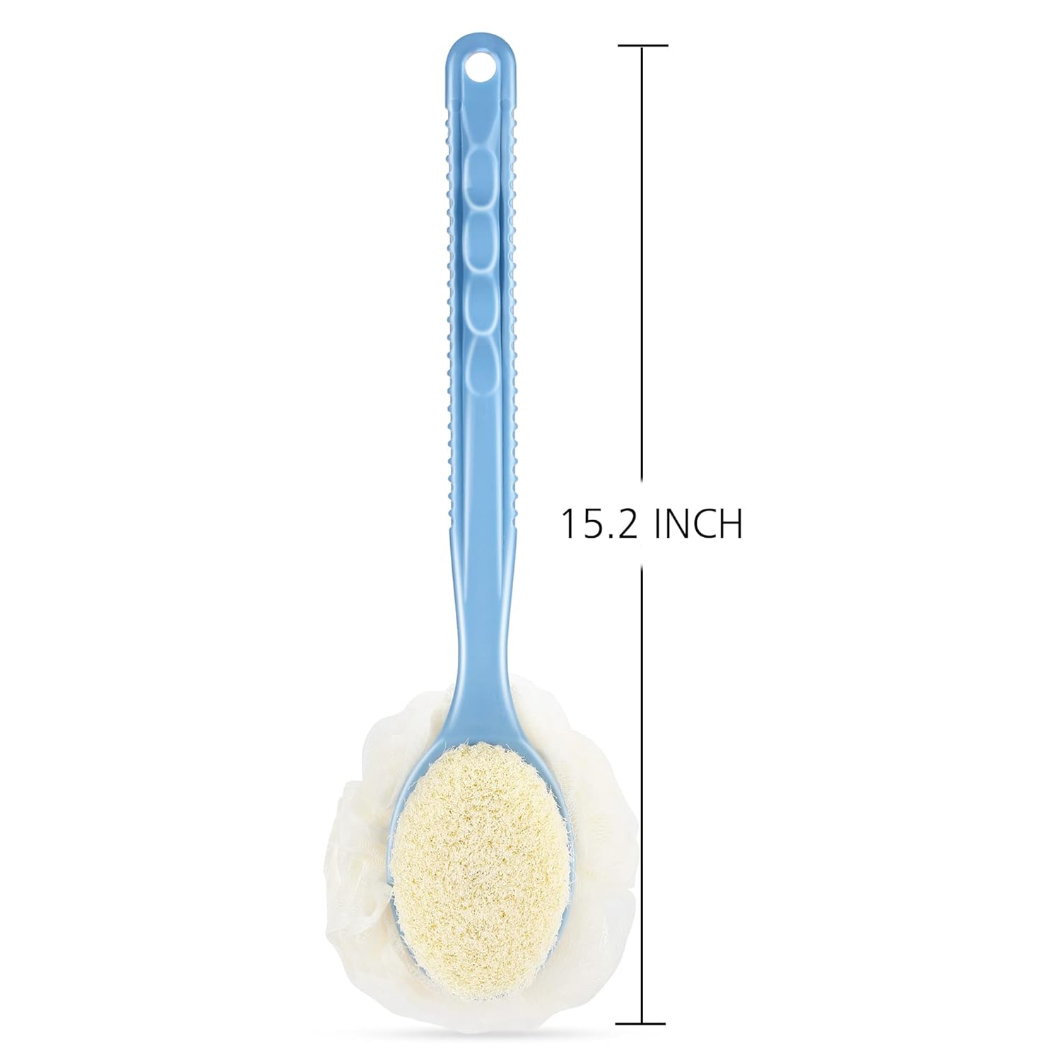 Detalle de MUNTI 2-in-1 Shower Back Scrubber: Bristle + Loofah with Curved Long Handle (Blue)