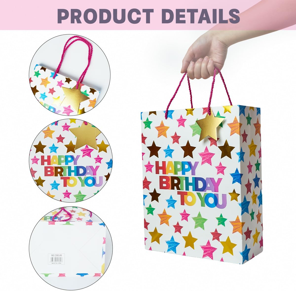 Detalle de Happy Birthday Gift Bag Bulk: 3 Assorted Sized Gift Bags with Handles and Tags (White)