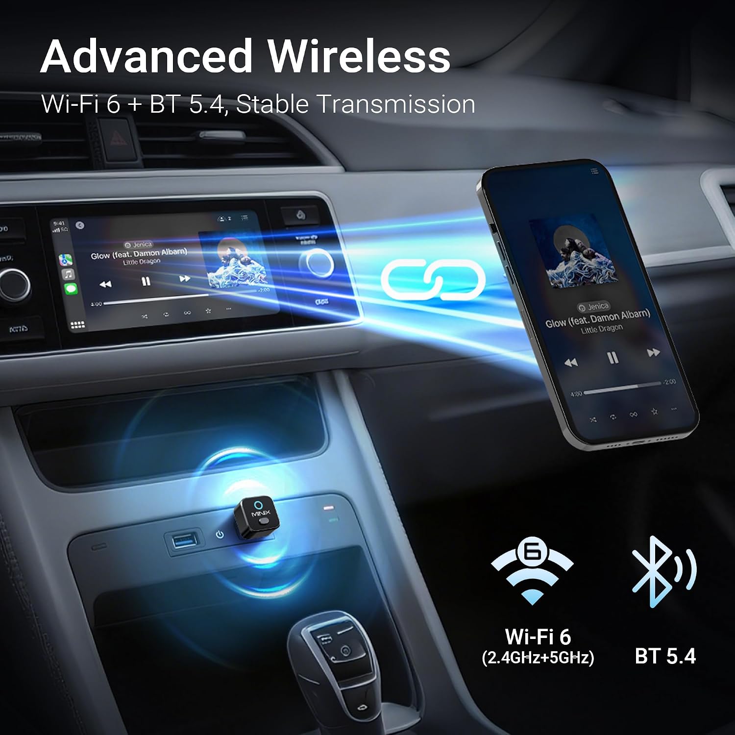 Detalle de MINIX CA525: Adaptateur CarPlay sans Fil 2-en-1 — CarPlay & Android Auto sans Fil en USB-C/USB-A