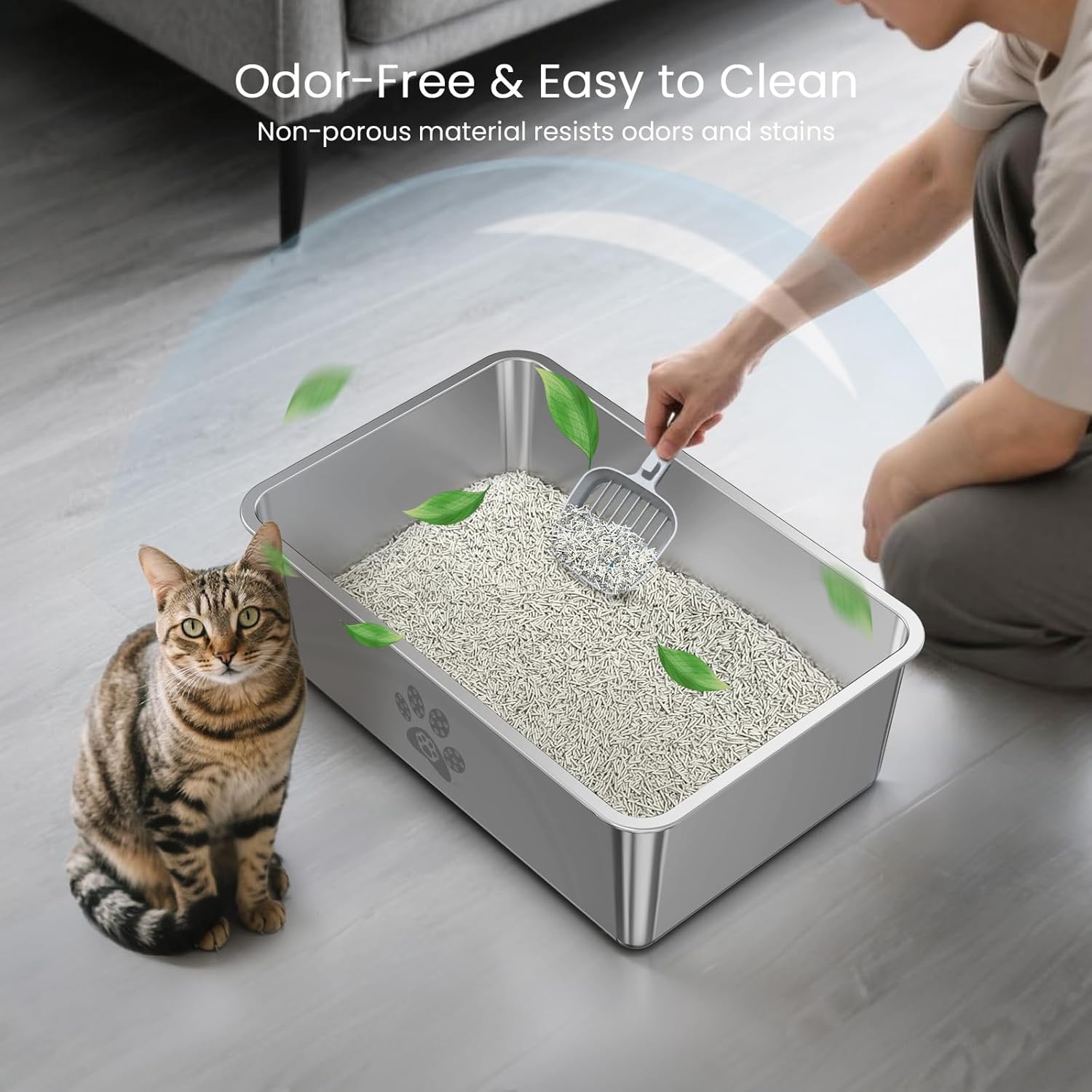 Thumbnail 5 de PTLOM stainless steel cat litter tray with low entry for senior cats – 60x40x15cm metal litter box