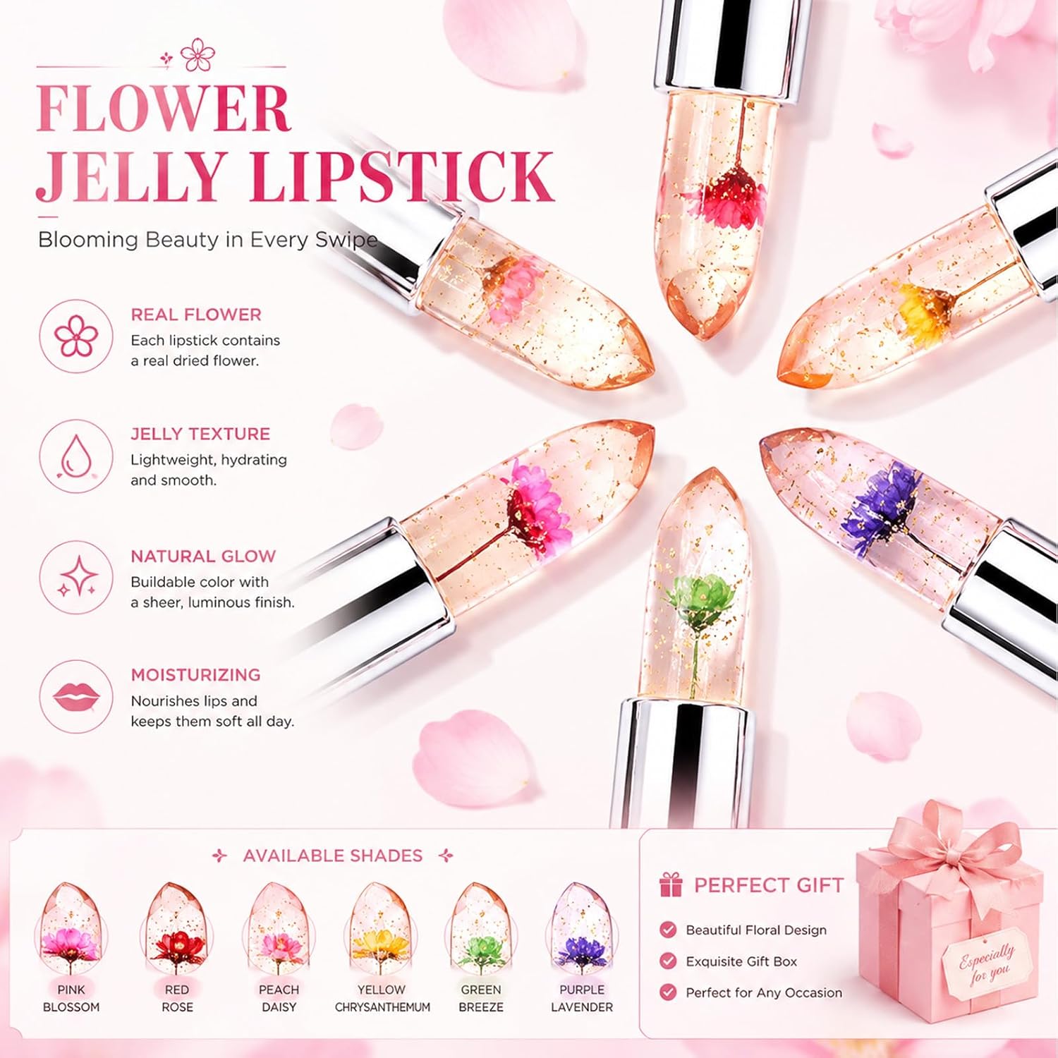 Detalle de firstfly Pack of 6 Crystal Flower Jelly Lipstick (Pink) — pH-Adjustive Temperature Color-Change Balm & Gloss