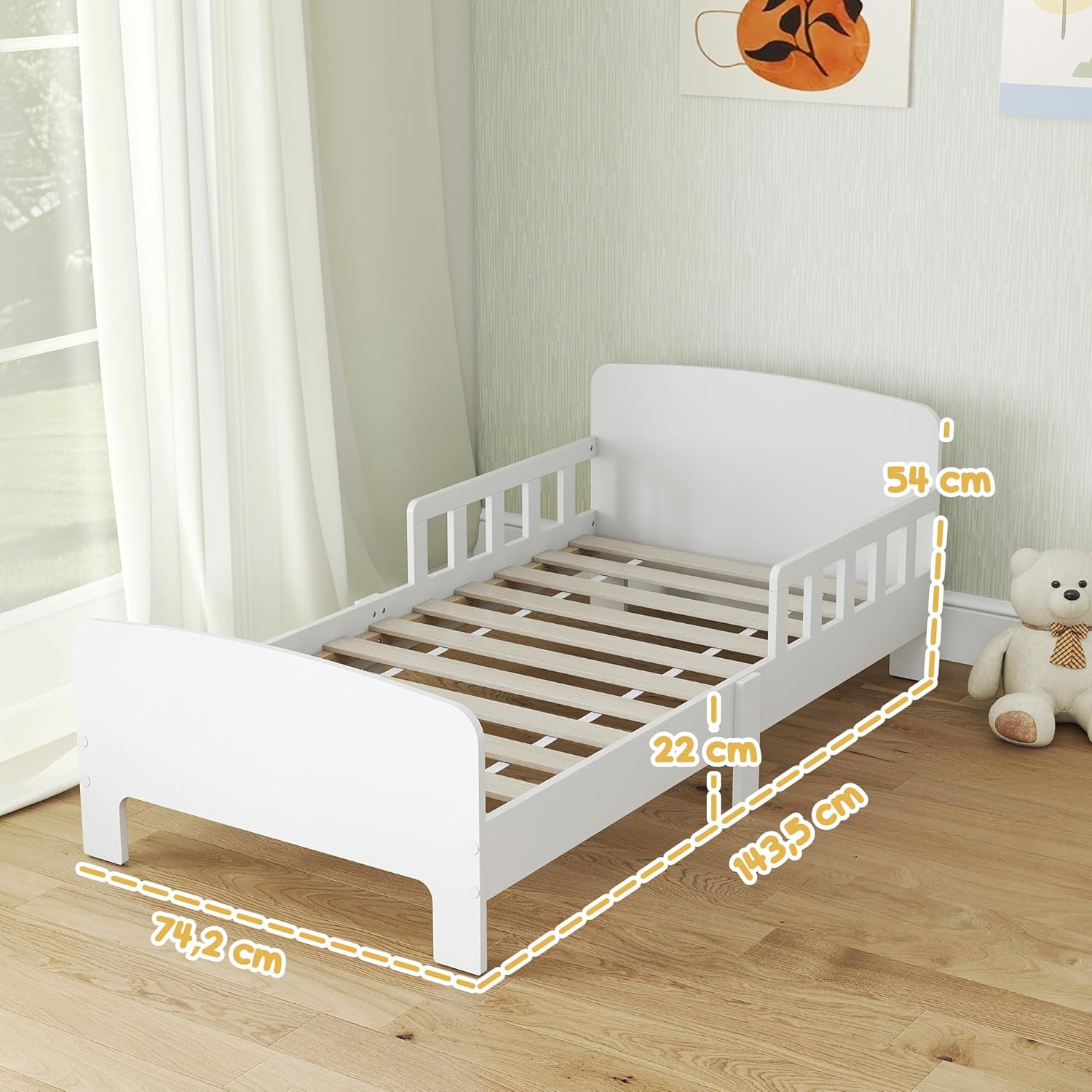 Thumbnail 2 de AIYAPLAY Lit Enfant au Sol avec Barrières et Cadre Robuste – 140 x 70 cm, Blanc