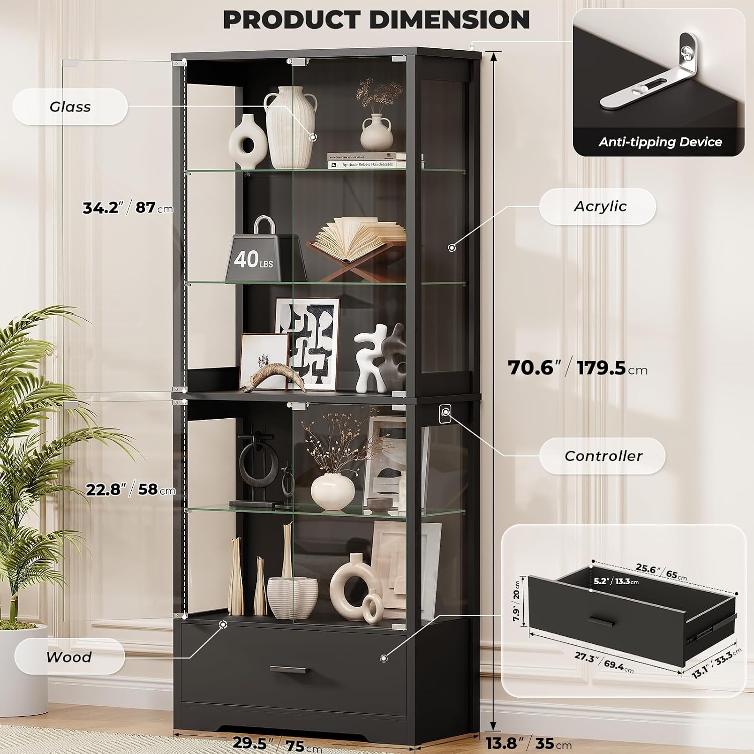 Detalle de BROTTAR 80093 6-Tier Display Cabinet with Glass Door, 3-Colour Lights