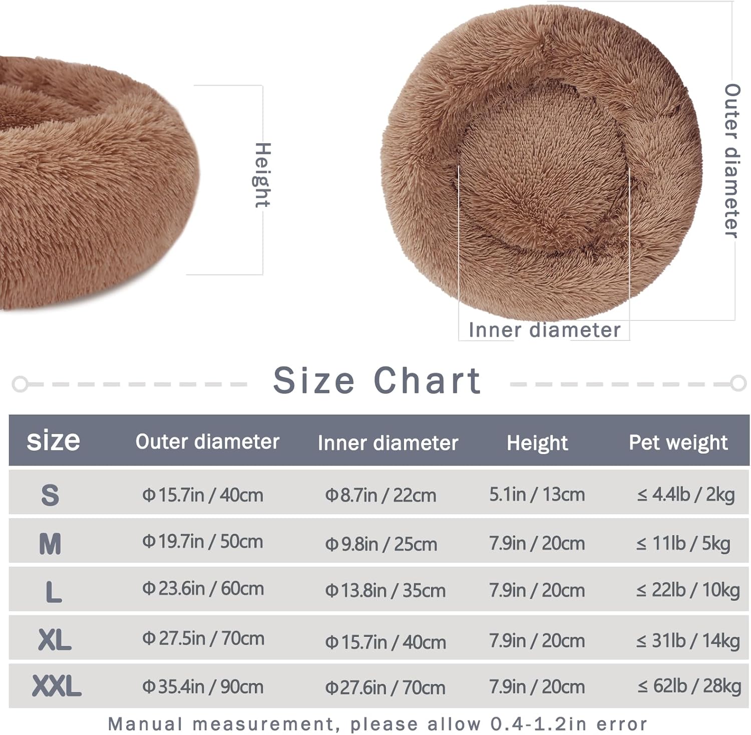 Detalle de Nepfaivy Calming Dog Cat Donut Bed (60cm) – Plush Round Nest for Small Pets