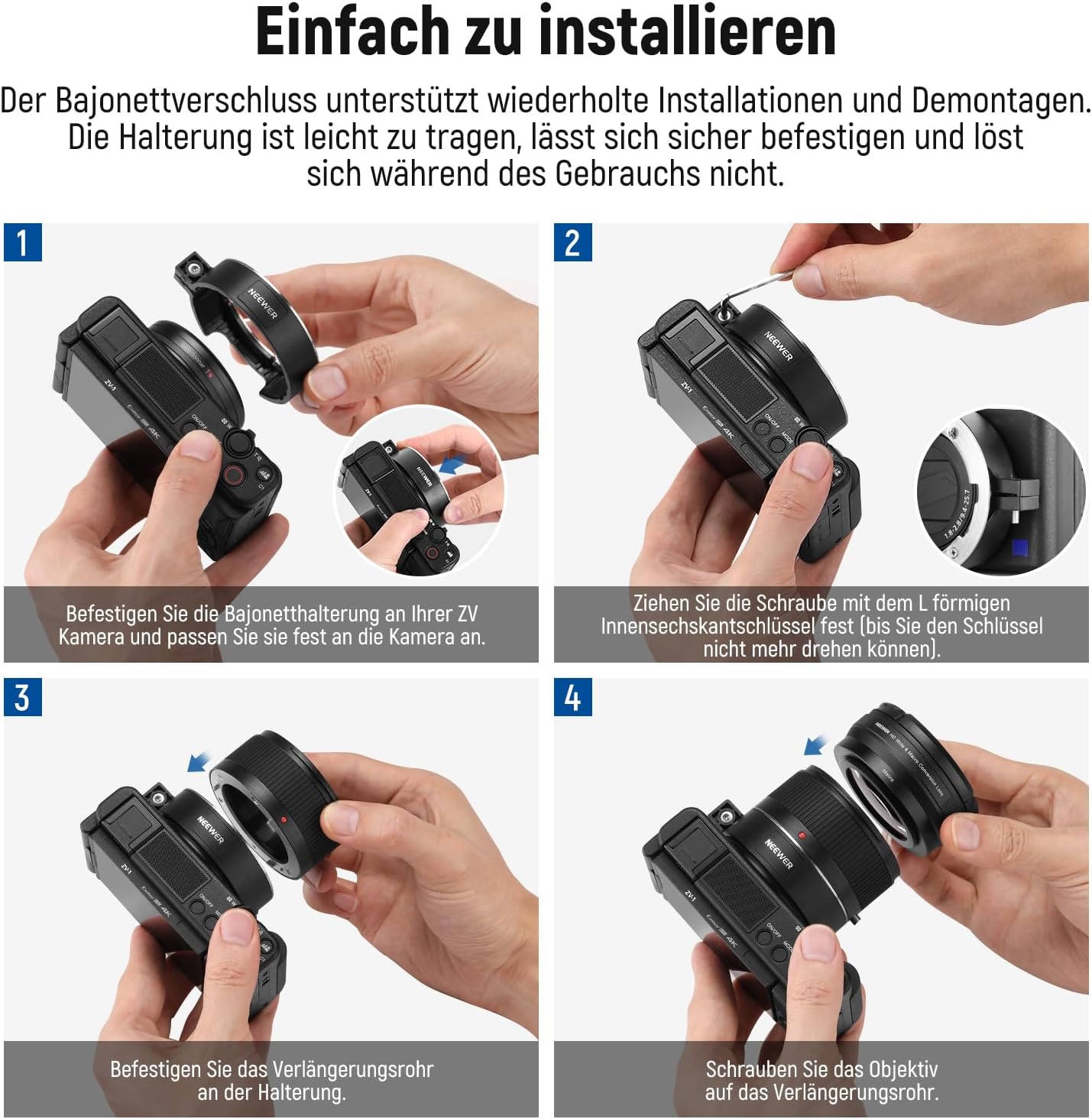 Thumbnail 5 de NEEWER Weitwinkelobjektiv 18 mm + 10x Makro für Sony ZV1 – Set mit Verlängerungsrohr