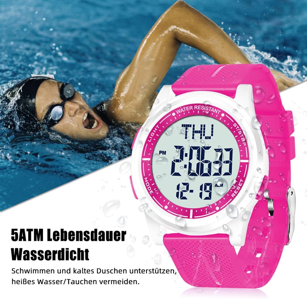 Detalle de WIFORT Digital Herren Damen Uhr mit 5 ATM, Stoppuhr, Countdown und Wecker