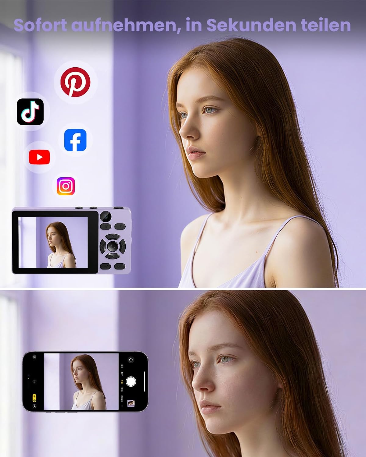 Detalle de Digitalkamera 64MP Fotokamera 4K mit Doppelobjektiv – kompakt, leicht und kreativ (Lila, OHNE SD-KARTE)