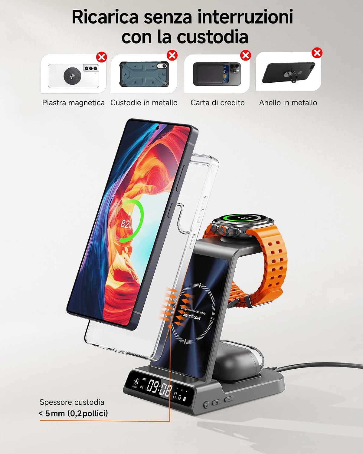 Detalle de Station de charge sans fil 3 en 1 pour Samsung (avec horloge) + charge induction pour Galaxy Watch et Galaxy Buds
