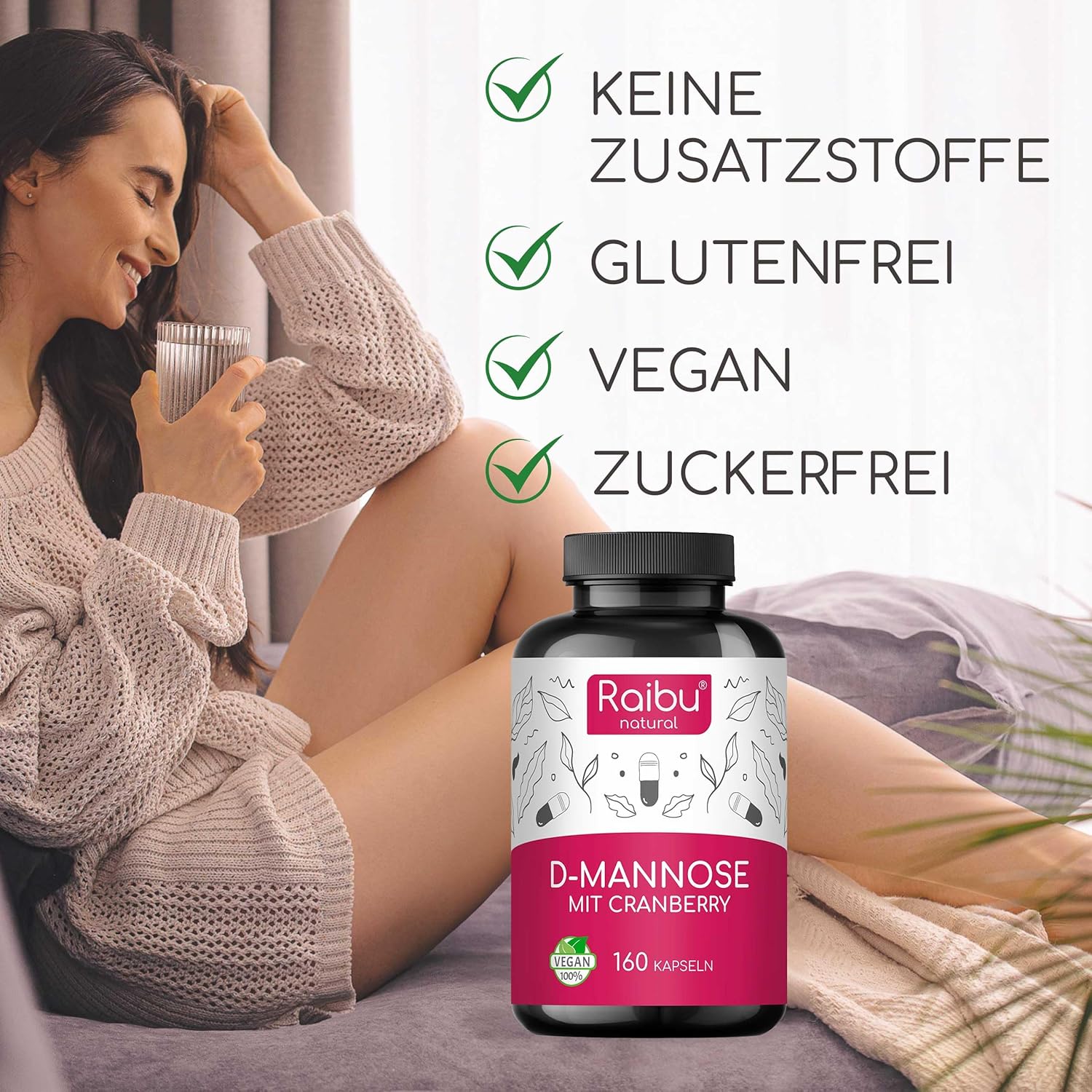 Detalle 2 de Raibu D-Mannose Kapseln mit Cranberry – Hochdosierte Unterstützung für Harnwege