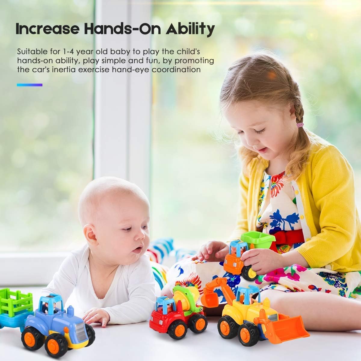 Thumbnail 4 de MOONTOY Baby Spielzeugauto-Bagger-Set (4 Fahrzeuge): Traktor, Bulldozer, Zementmischer & Kipper