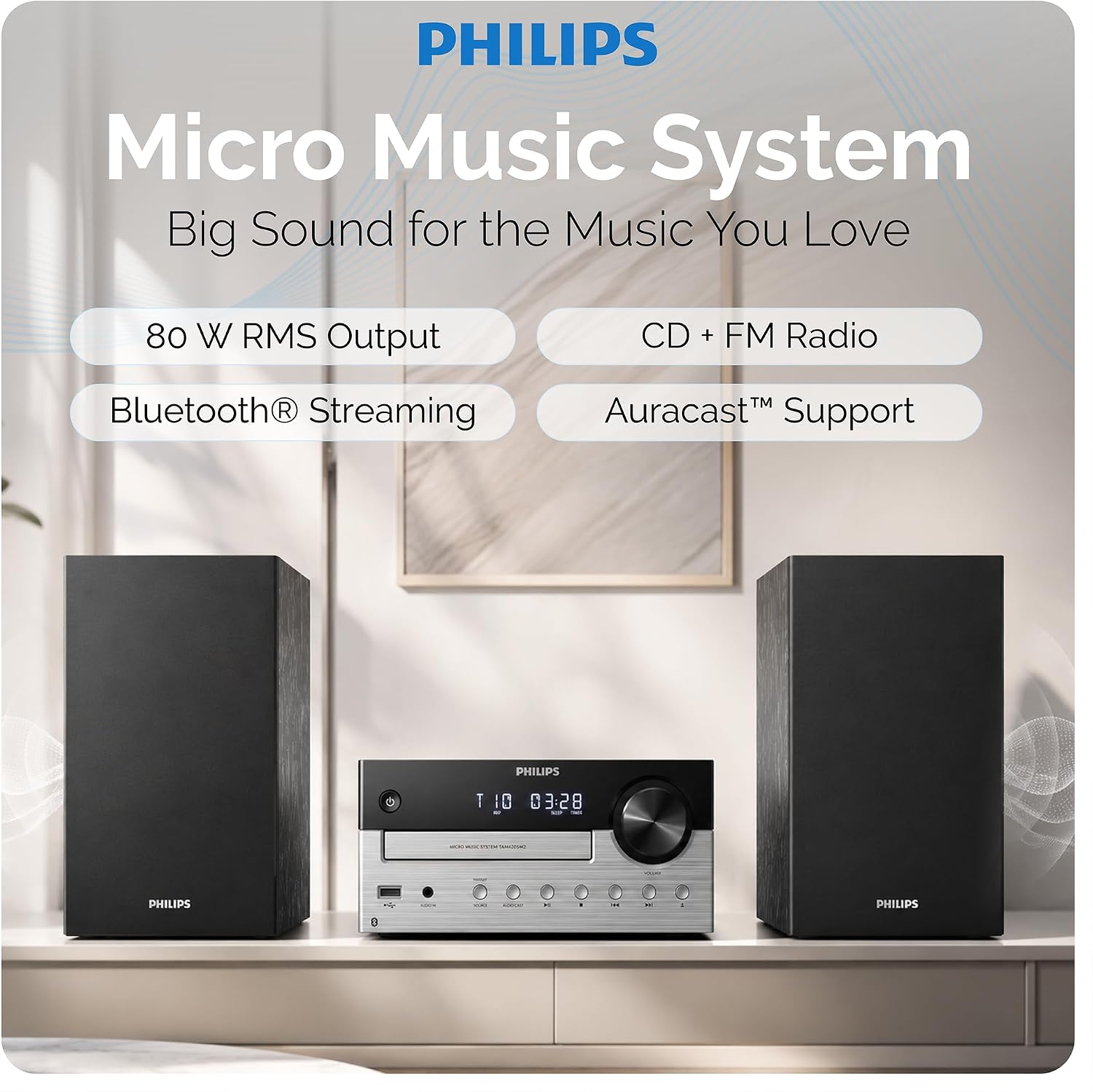 Detalle de PHILIPS Bluetooth Stereo System Home CD Player with USB, FM Radio, Bass Reflex Speakers (60W) + Remote