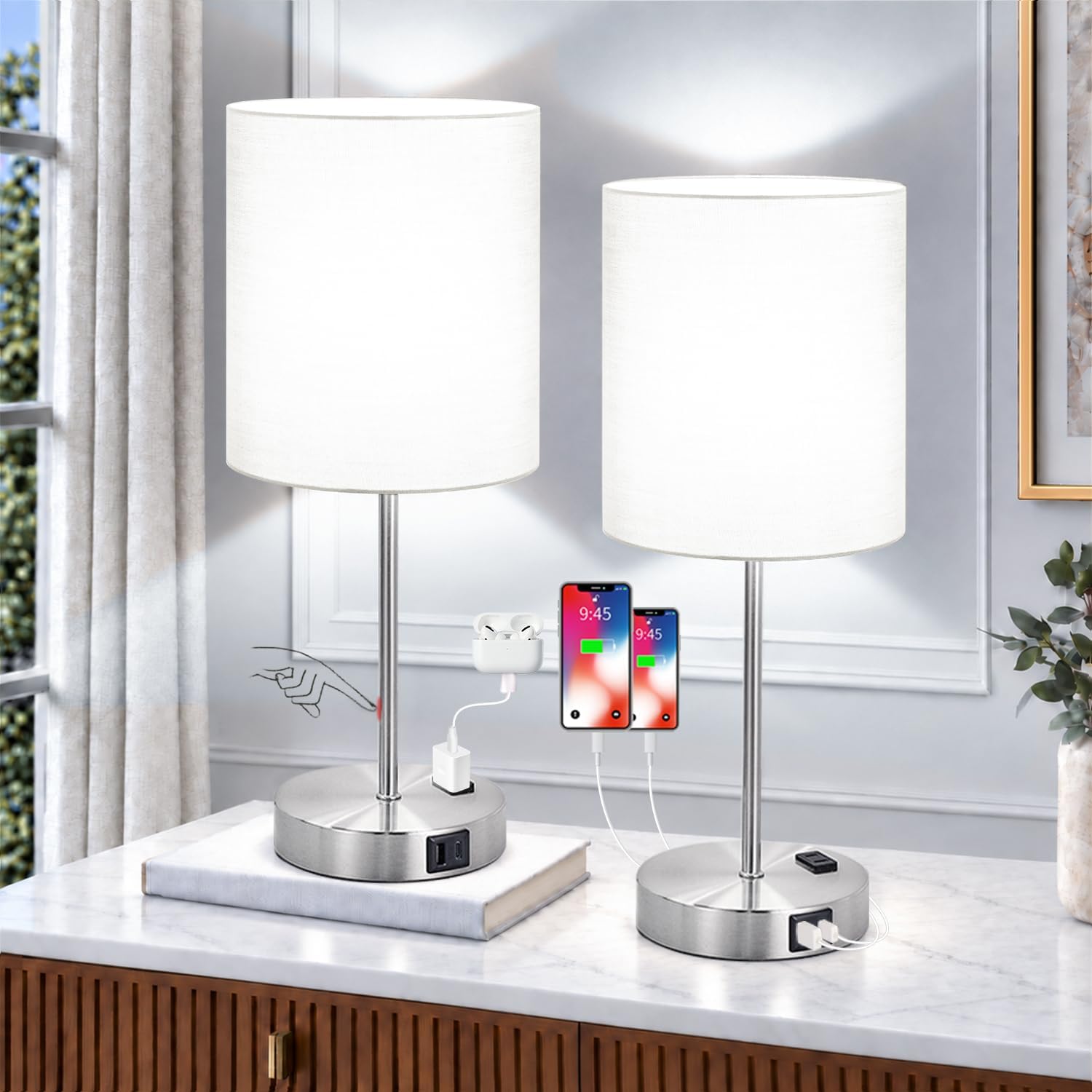 Detalle de Lynnoland T3476 Table Lamps, Set of 2, Touch Dimming, USB Ports & AC Outlet
