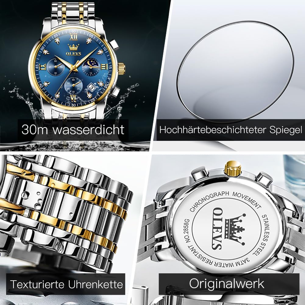 Detalle de OLEVS Herrenuhr schwarz mit Edelstahlarmband – Quarz, Datumsanzeige, 30 m wasserdicht