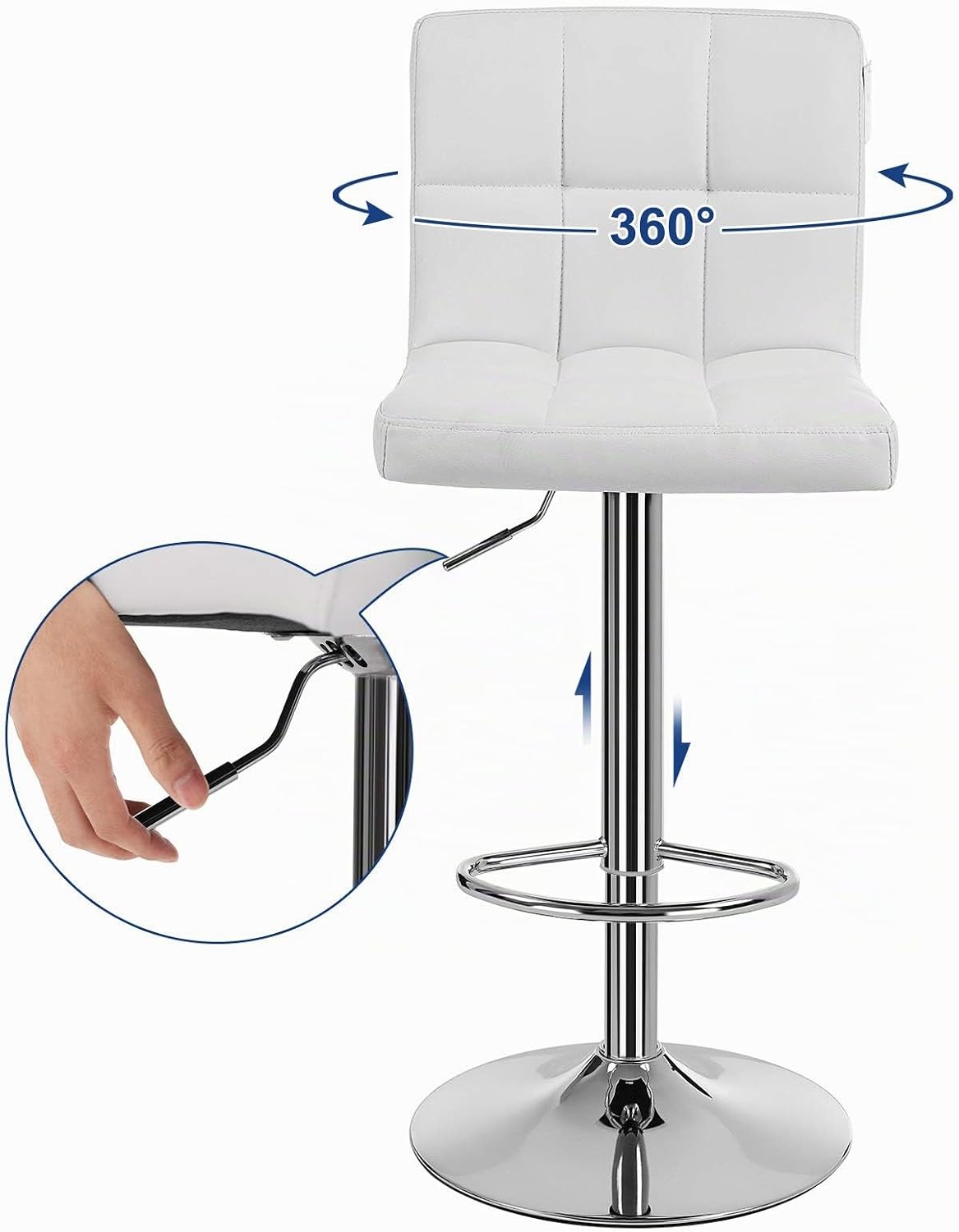Detalle de SONGMICS Set di 2 Sgabelli da Bar o Cucina in Similpelle, Regolabili e Girevoli a 360°, con Schienale e Poggiapiedi, Struttura in Acciaio Cromato, Bianco LJB64W