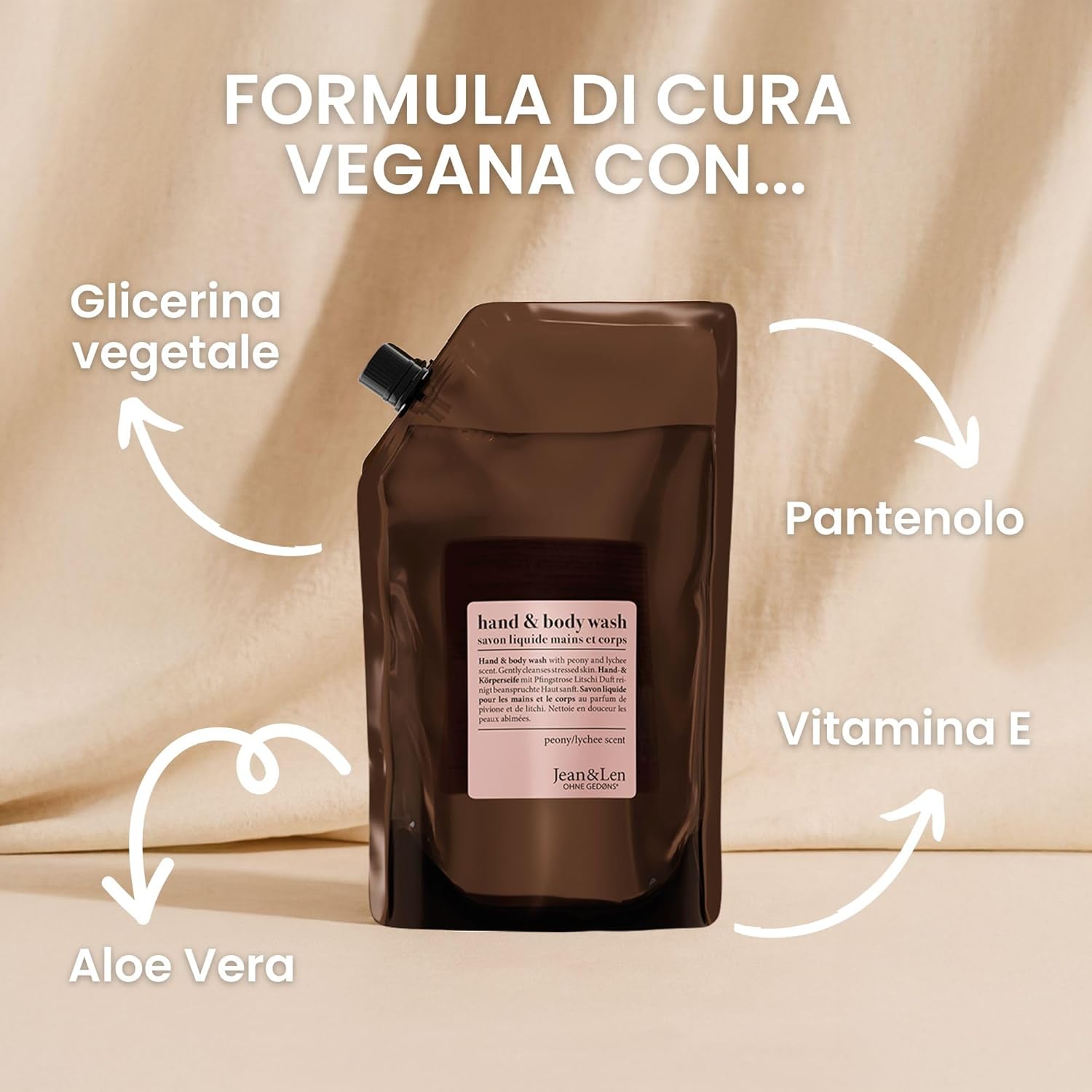 Detalle de Jean & Len Lavamani e Corpo Peonia e litchi – sapone liquido ricarica 1,5 L, vegan, senza parabeni e siliconi
