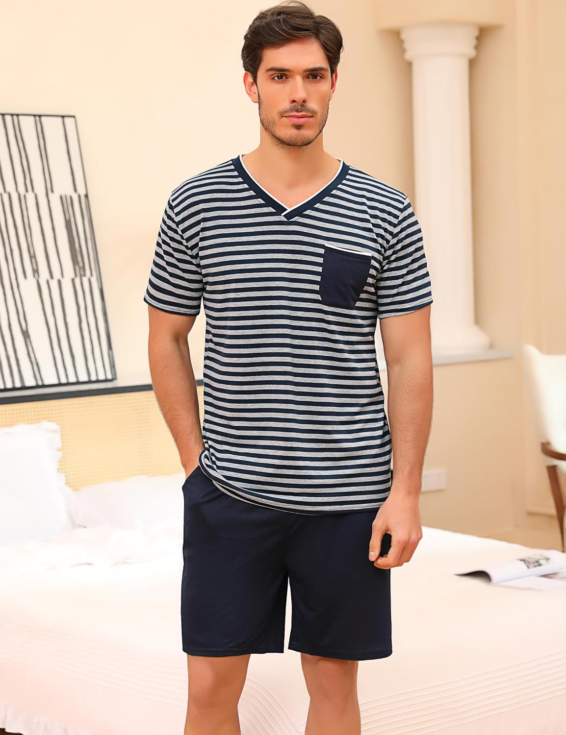 Detalle de Leversic Herren-Schlafanzug kurz aus Baumwolle mit Kontraststreifen-Design (Sommer-Pyjama Set)