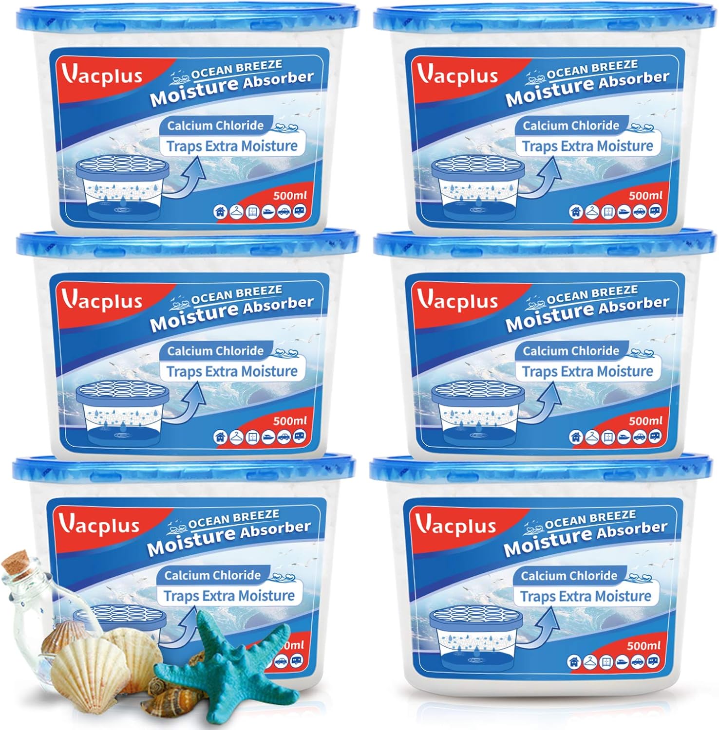 Detalle de Vacplus Moisture Absorbers 6 Pack: Portable, Fragrance-Free Dehumidifiers for Bathroom, Closet & Car