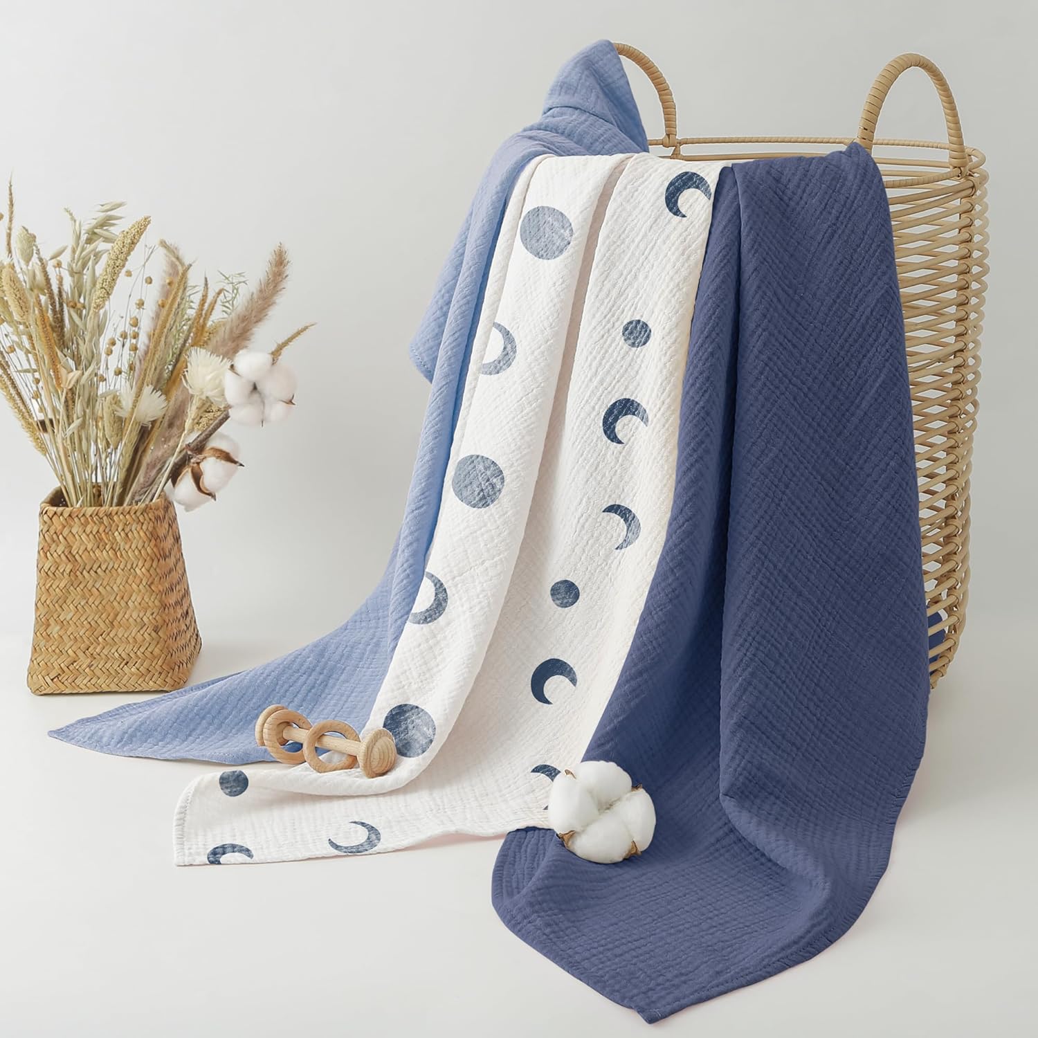 Thumbnail 3 de bearmoss Muslin Swaddle Blankets – 100% Cotton, 96x100 cm, 3 Pack (Blue Moon)