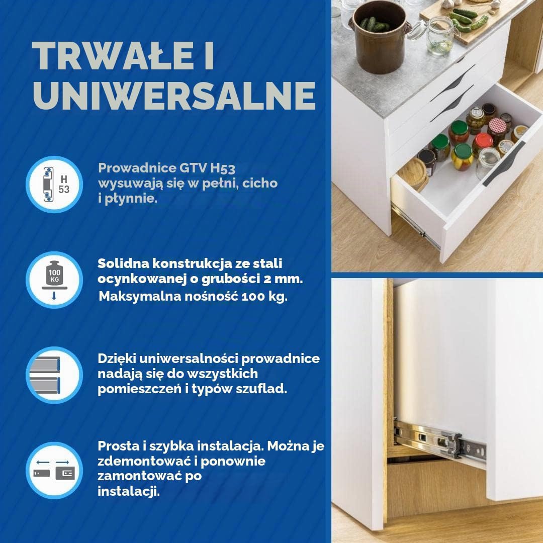 Detalle 2 de GTV H53 prowadnice kulkowe do szuflad, pełny wysuw, 1050 mm, 100 kg