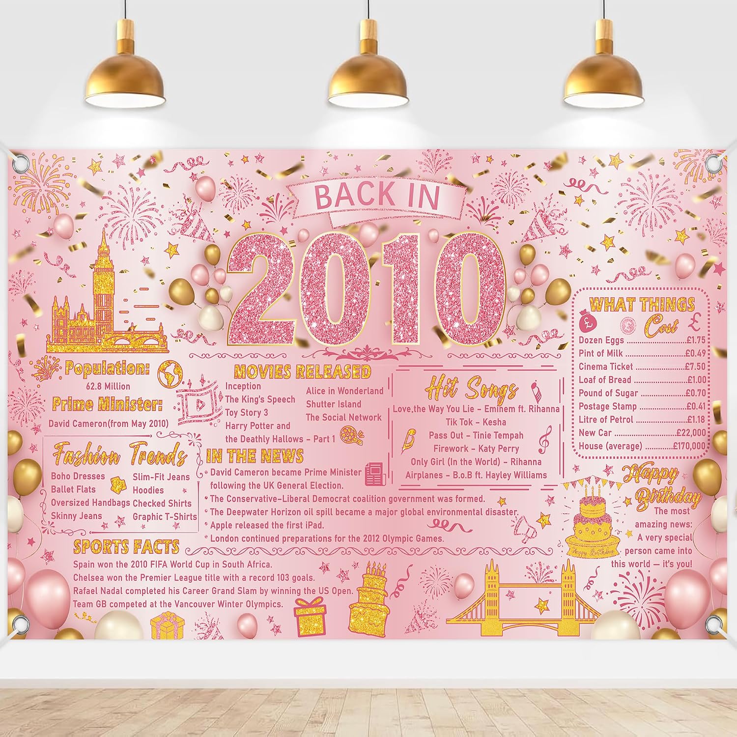 Detalle de Sweet 16 Birthday Decorations for Girls: Pink Gold 2010 Backdrop Banner (110 x 180 cm)