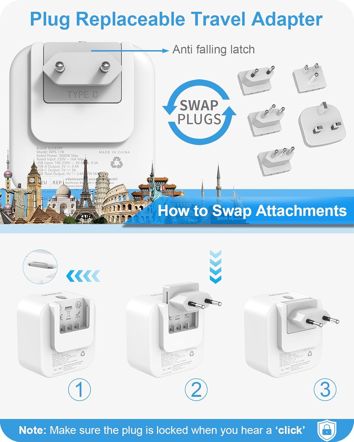 Thumbnail 4 de Reiseadapter Weltweit 6-in-1 Reiseadapter mit USB-C & USB-A (5 Stecker, 5 Länder-Steckertypen)