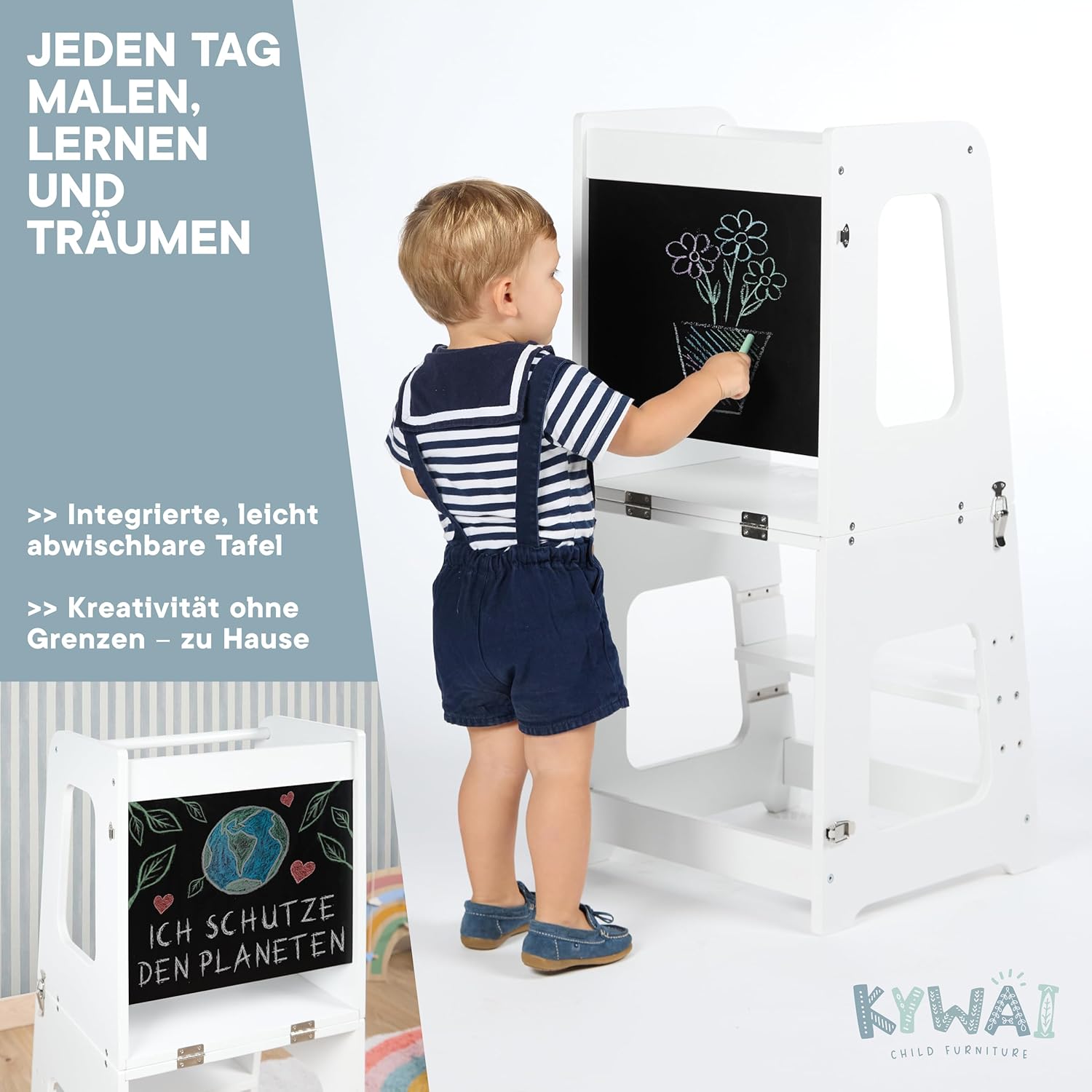 Thumbnail 3 de KYWAI Montessori Lernturm ab 1 Jahr – 2-in-1 klappbar, Tisch- und Lernturm aus Massivholz