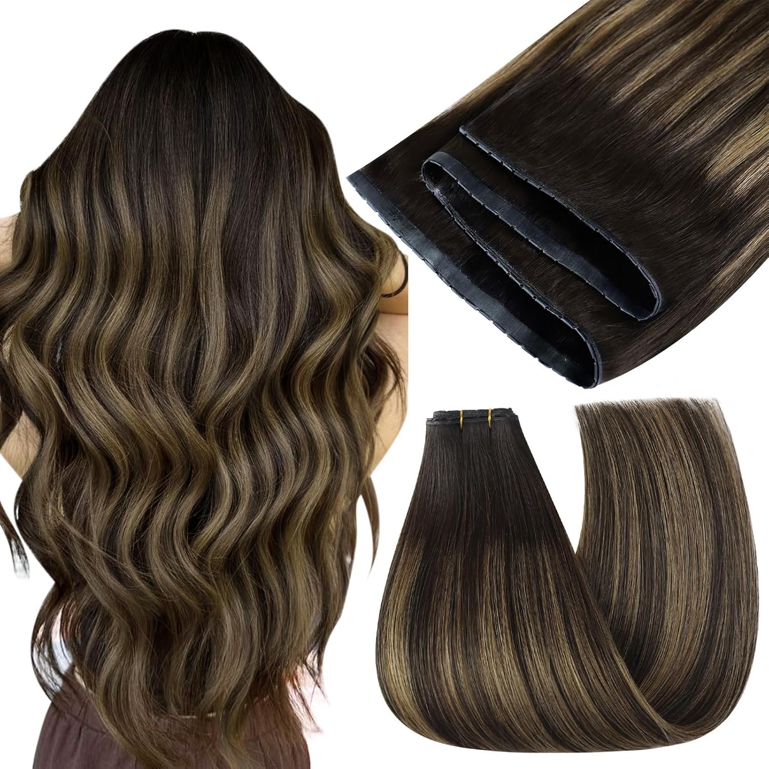 Detalle de Easyouth Balayage Butterfly Tressen Extensions Echthaar – 50 cm, Dunkelbraun/Ombre Ashbraun