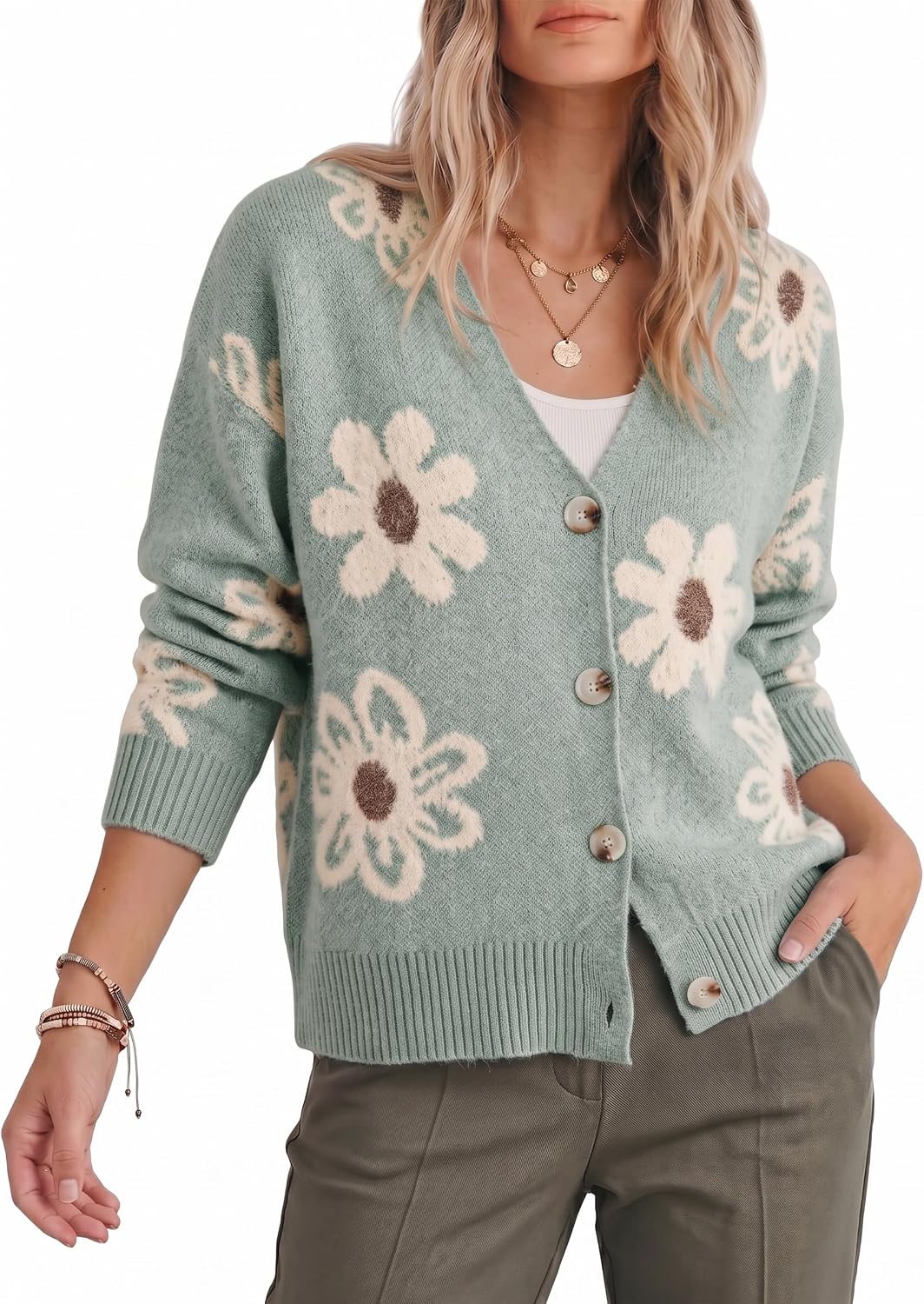 Detalle de Dokotoo Women’s Cardigan Sweater with V-Neck Floral Knit 💬