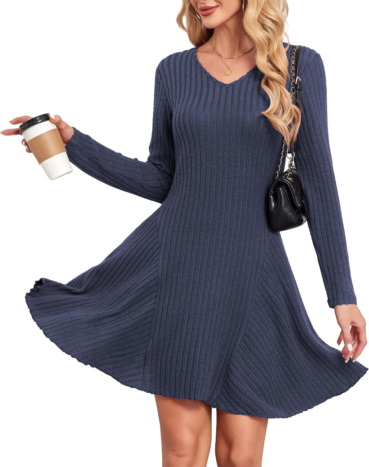 Detalle 2 de SENBATU Robe tricotée pour femmes – Robe pull d’automne élégante à manches longues et col en V