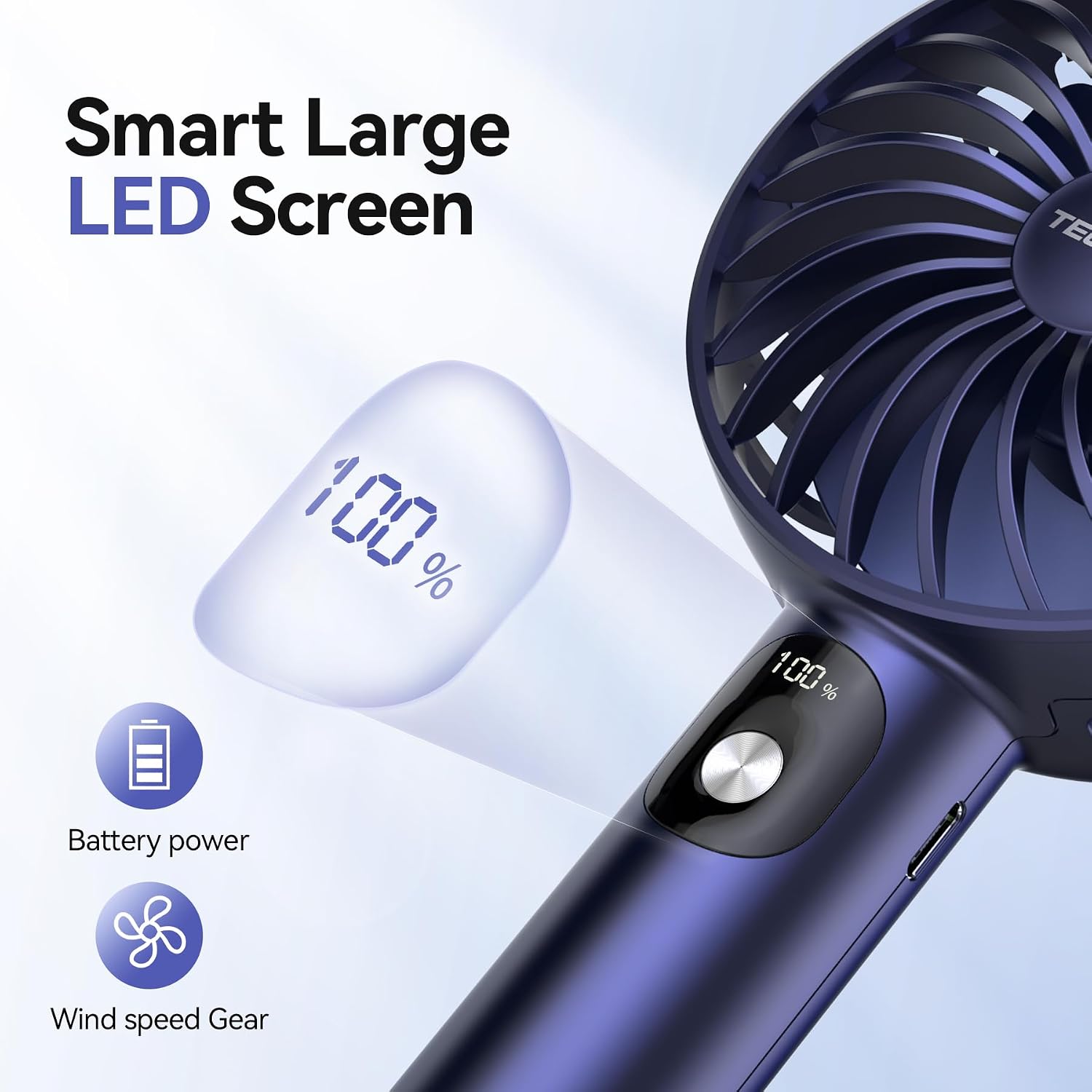 Detalle de TECKNET Handheld Fan: Portable USB Fan with LED Display and 3 Speeds