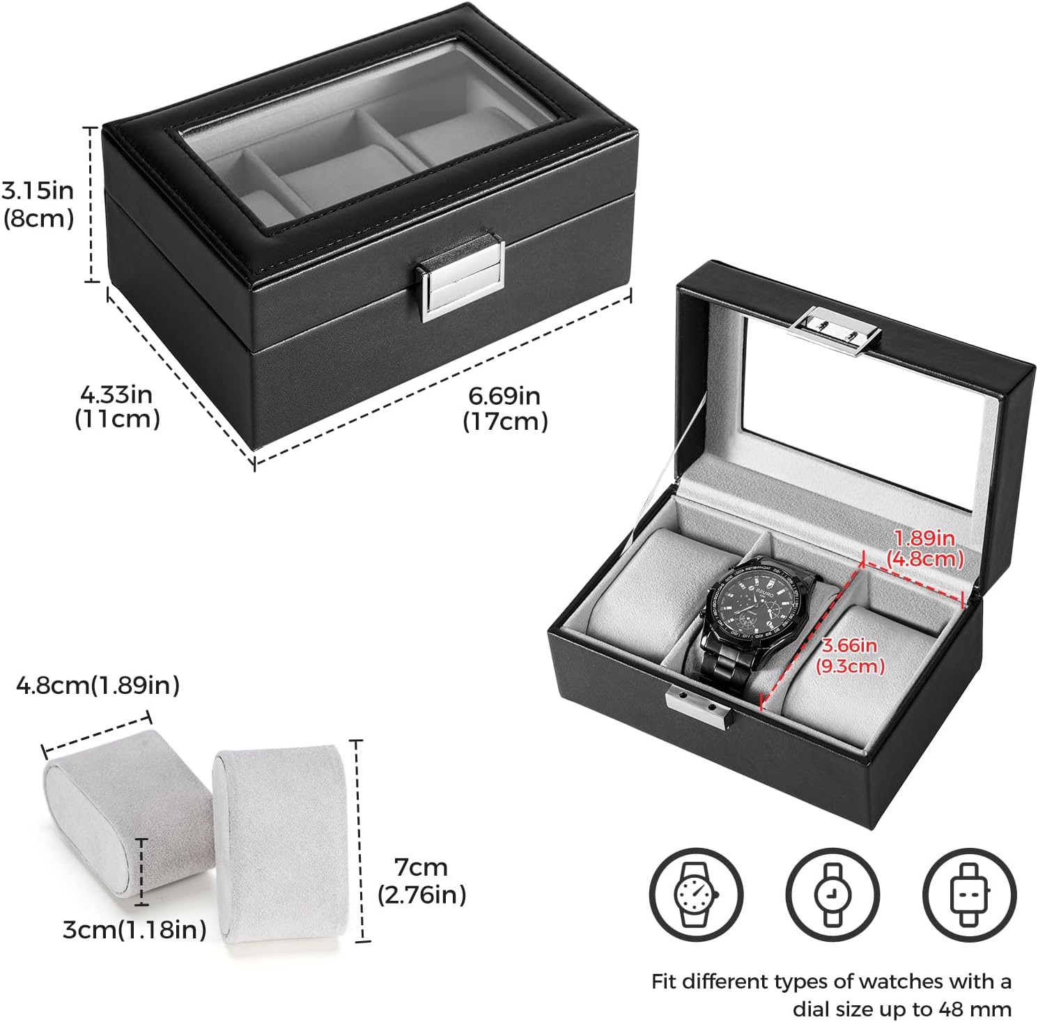 Thumbnail 4 de ProCase caja para 3 relojes con tapa de cristal y cojín extraíble (negro)