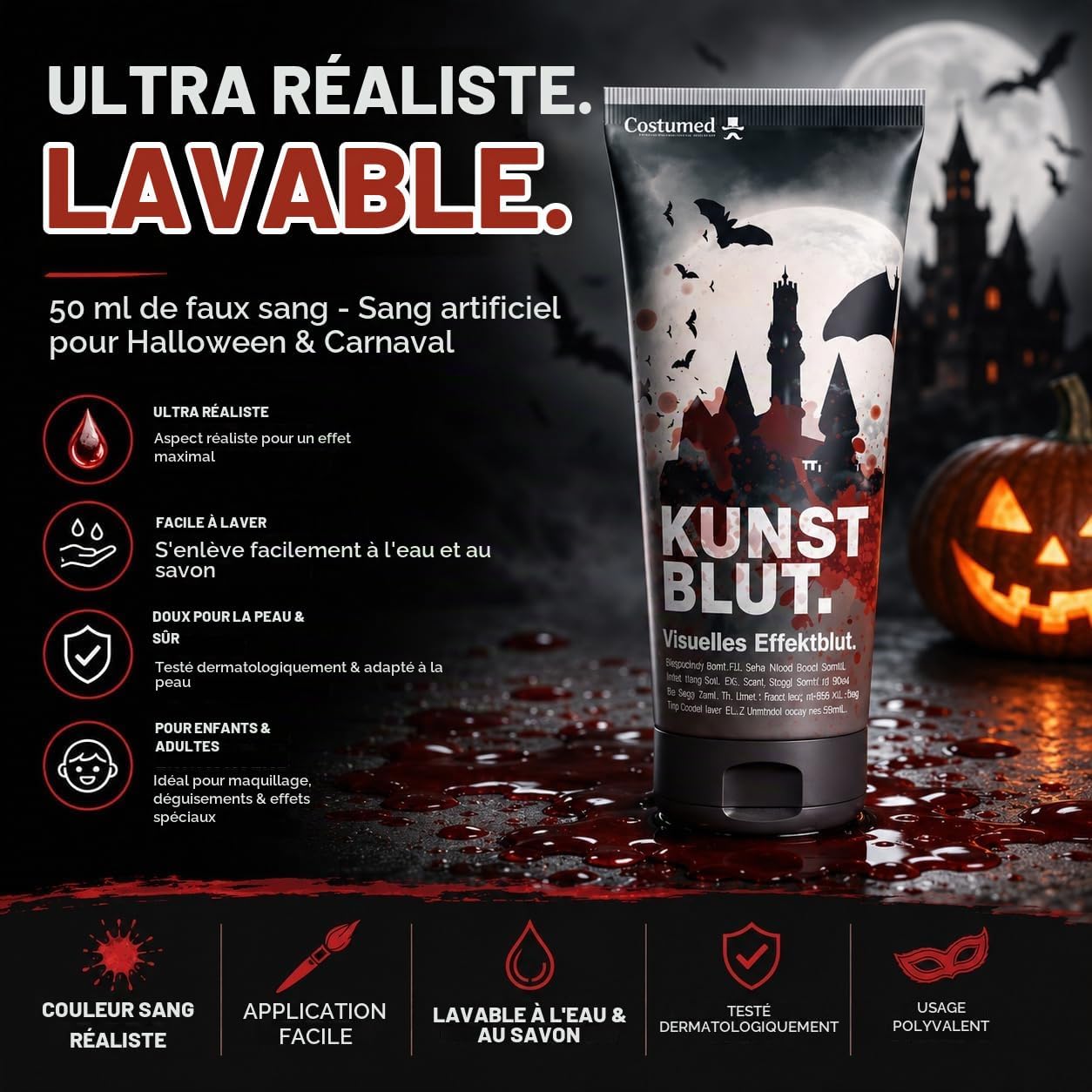 Detalle de Costumed TK39331 kunstbloed, 50 ml, dieprood en wateroplosbaar