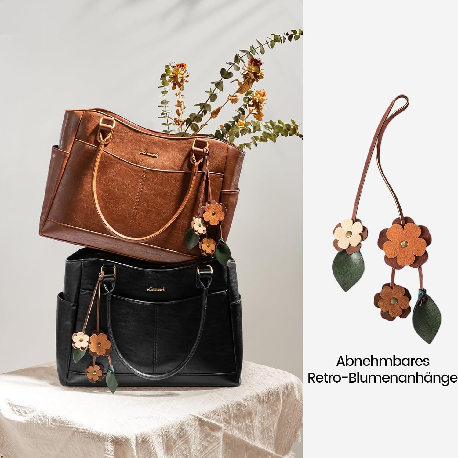 Thumbnail 6 de LOVEVOOK Laptoptasche Damen 15,6 Zoll – Große Tote mit Blumenanhänger aus PU-Leder