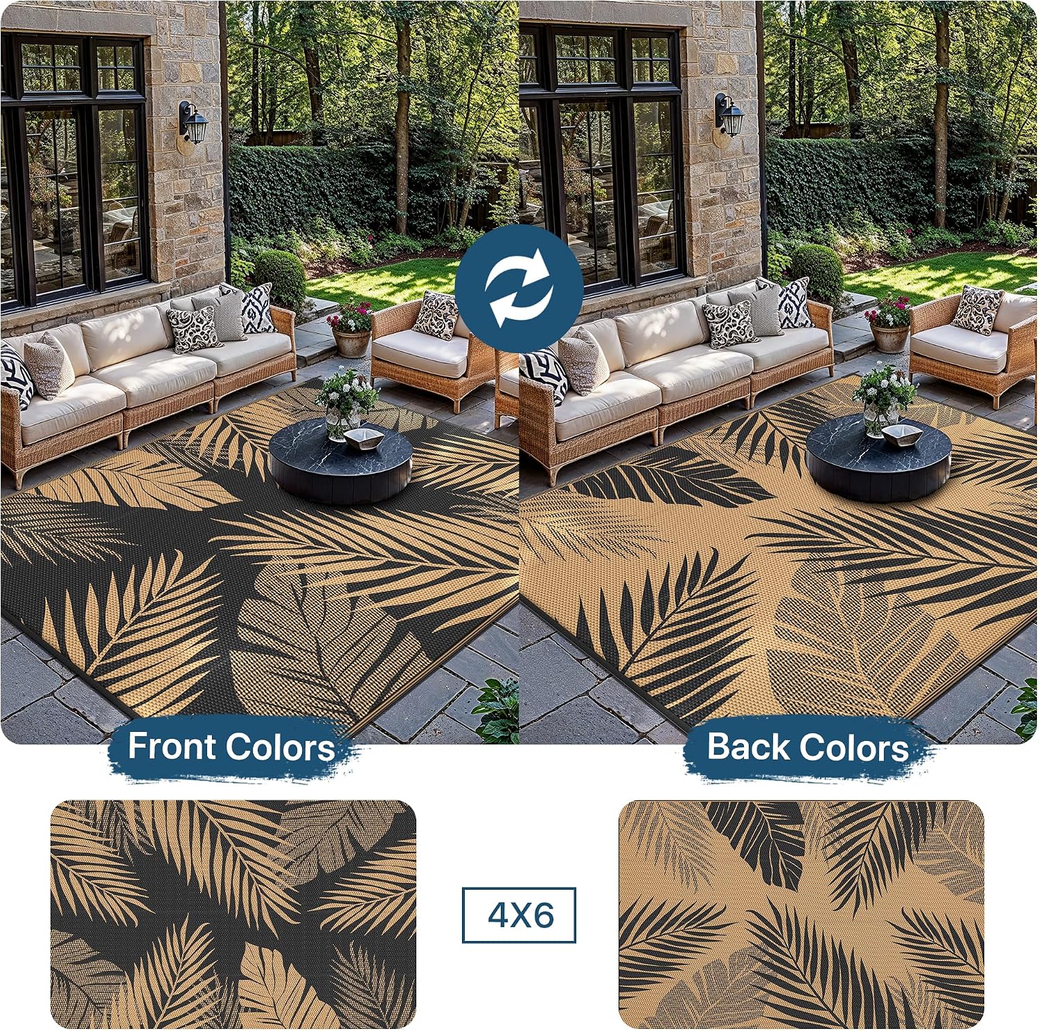 Detalle de GENIMO Outdoor Teppich Wetterfest 120x180 cm (Schwarz & Braun) – wendbar, waschbar für Balkon, Terrasse & Wohnmobil