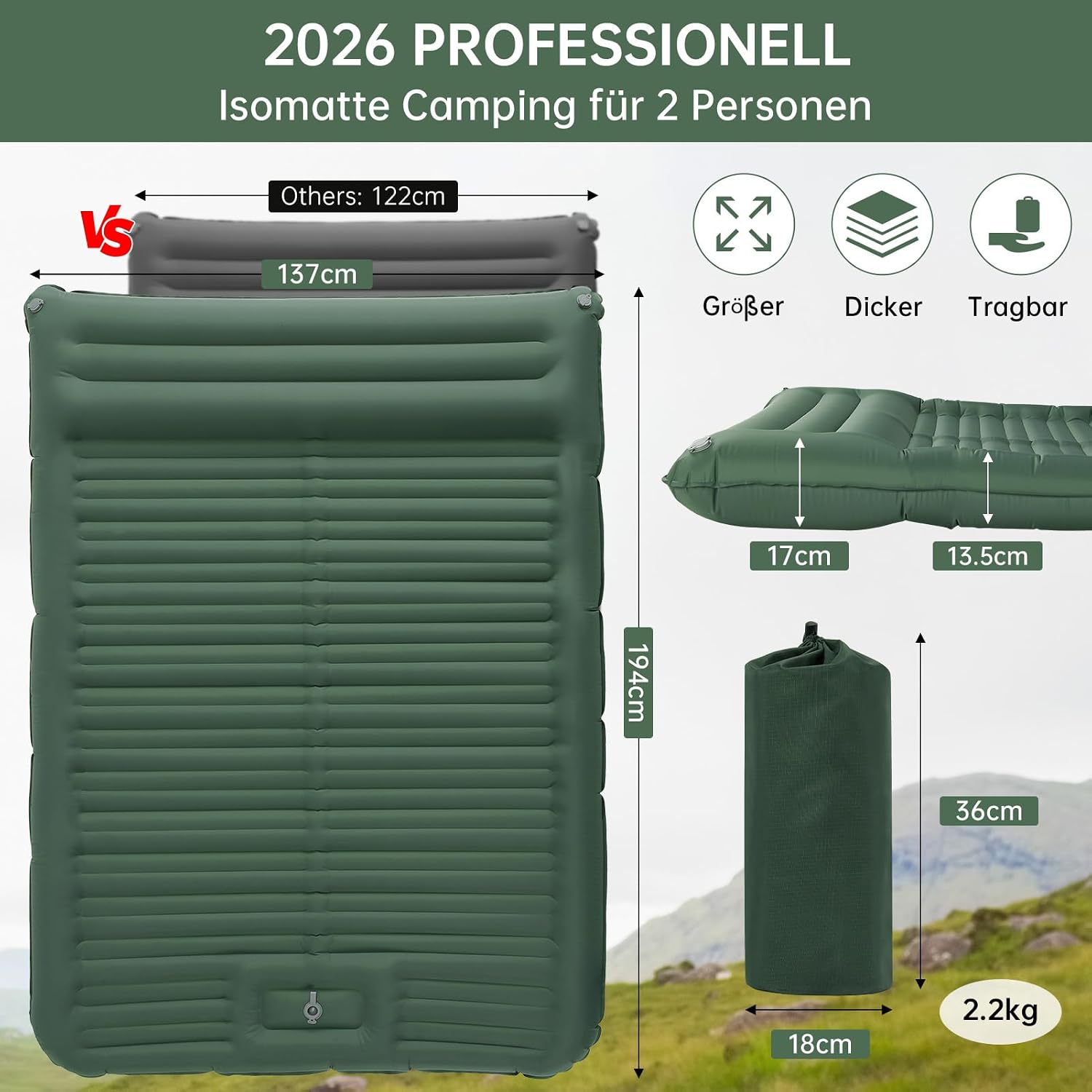 Detalle de Aptliton 10cm Inflating Sleeping Pad with Built-in Foot Pump – Dark Green