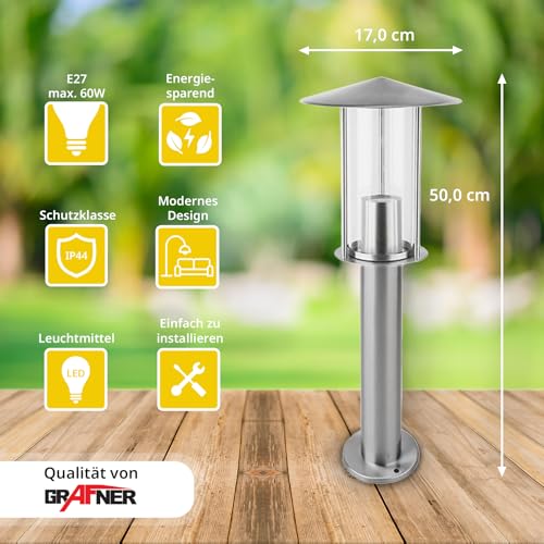 Detalle 2 de Grafner Edelstahl Wegeleuchte mit E27-Fassung – 50 cm Höhe, IP44, silber