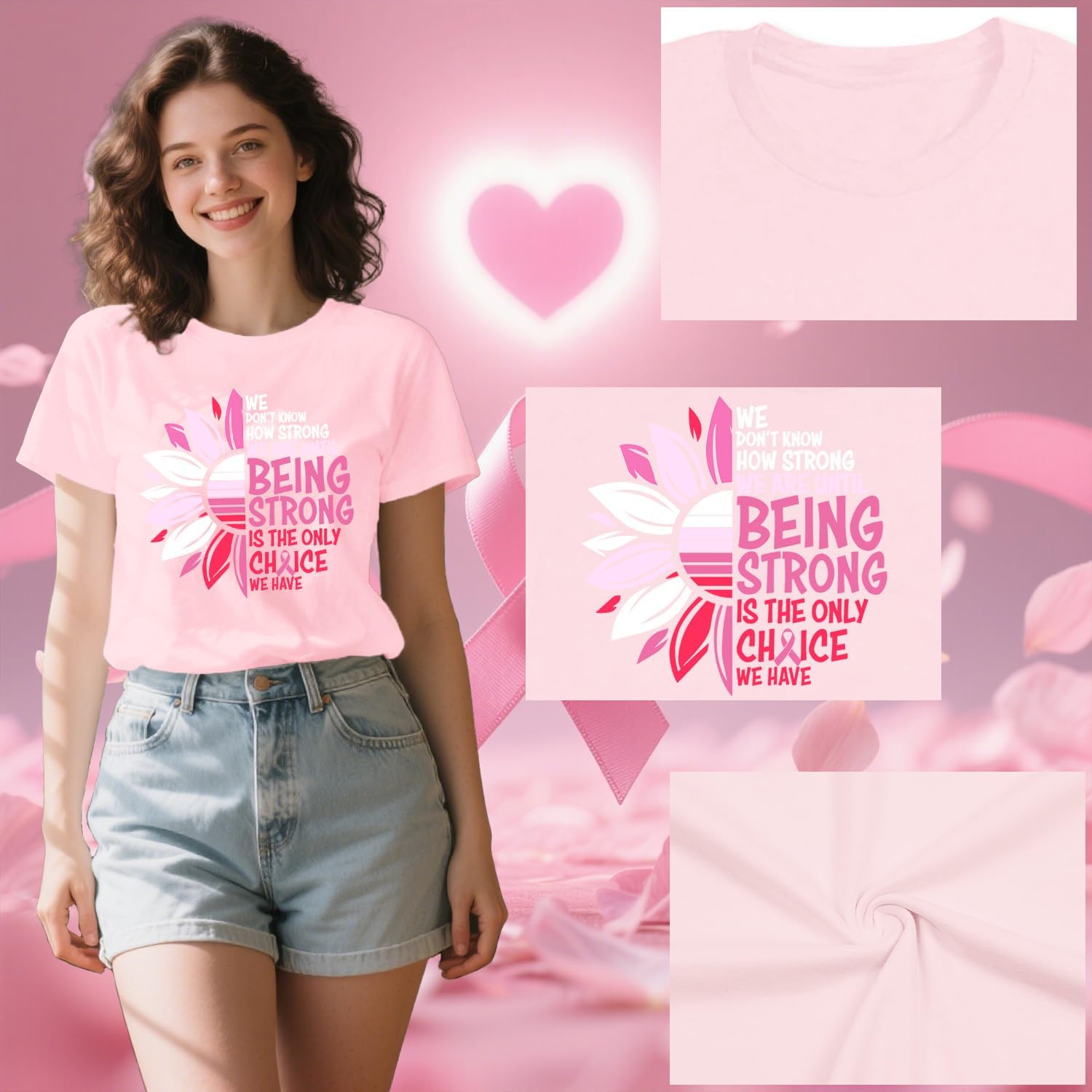 Detalle 2 de Qskall Breast Cancer Awareness T-Shirt for Women with Pink Ribbon & Sunflower Graphic